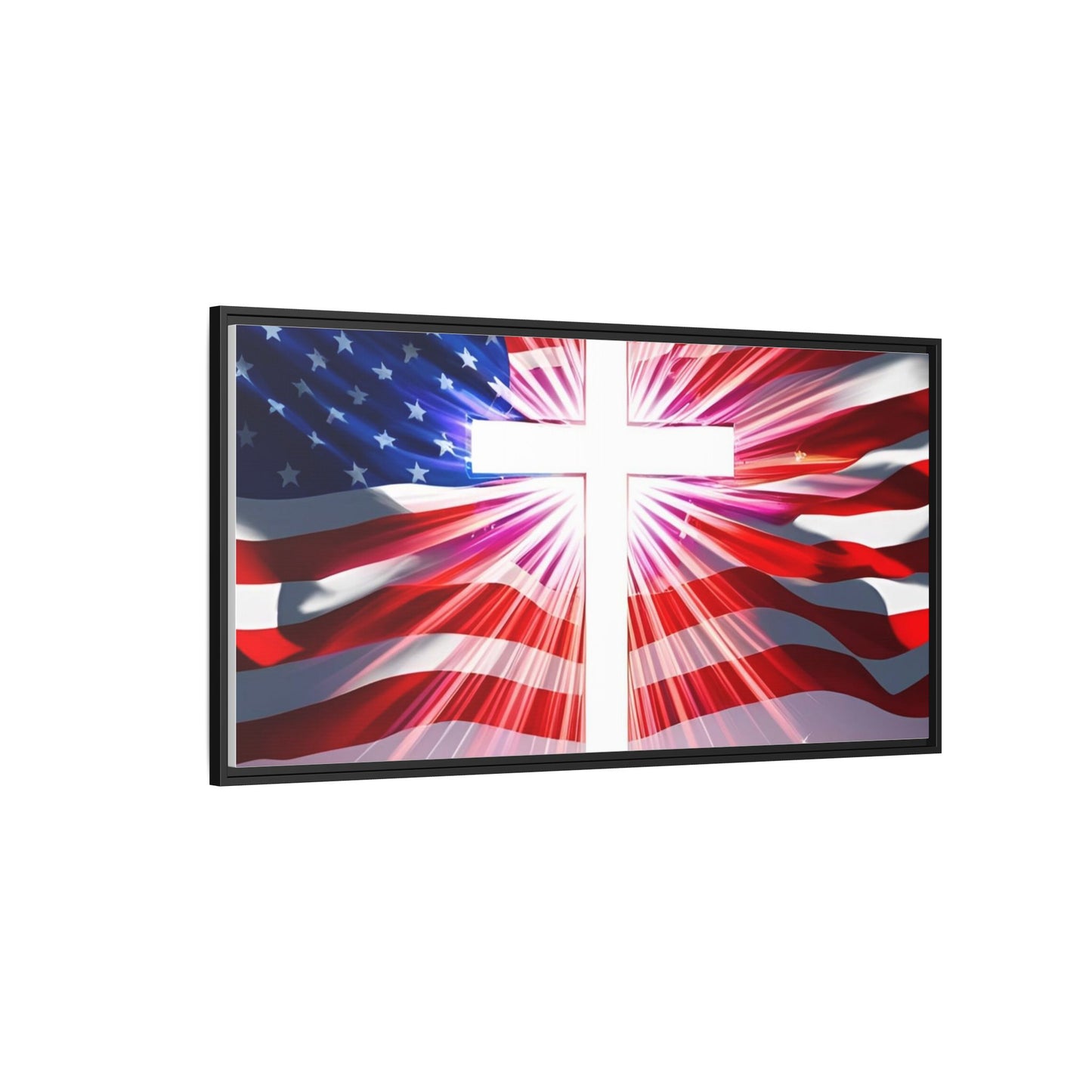 Patriotic Christian Canvas Art - Framed Multi-Color Cross with American Flag