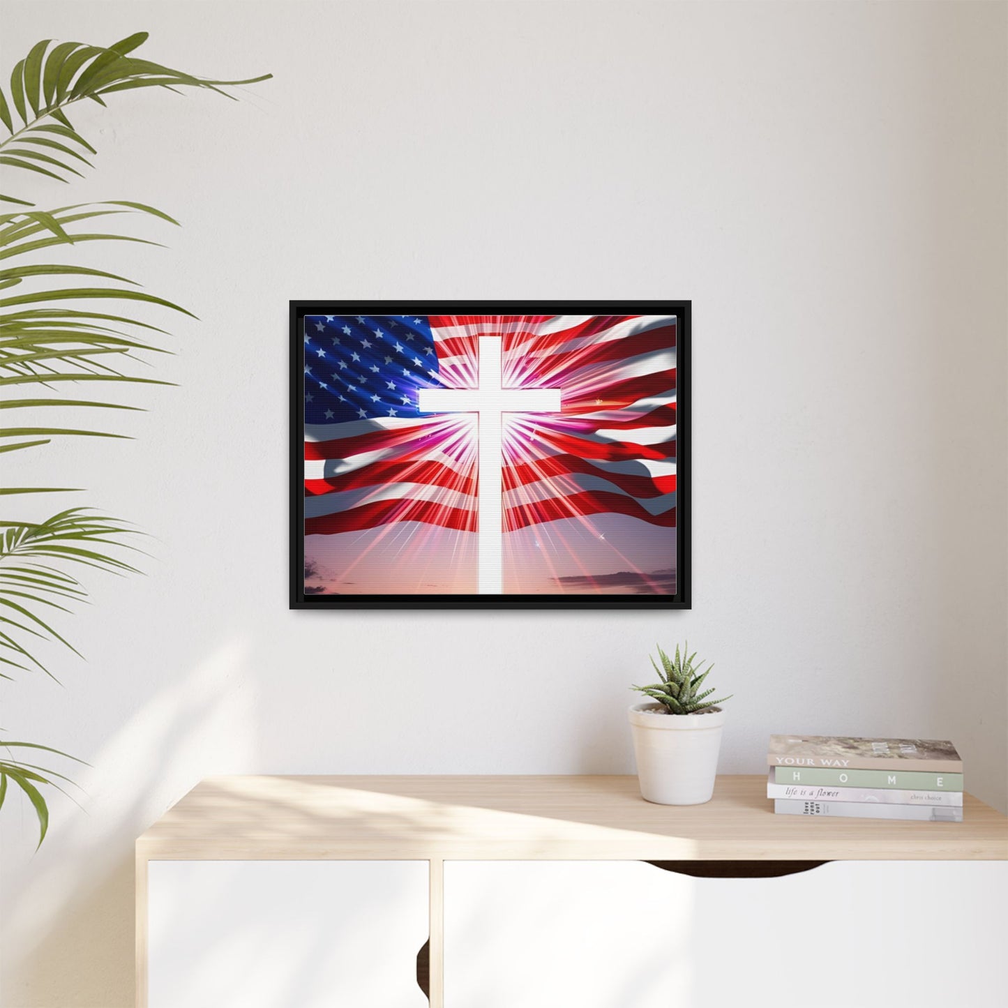 Patriotic Christian Canvas Art - Framed Multi-Color Cross with American Flag