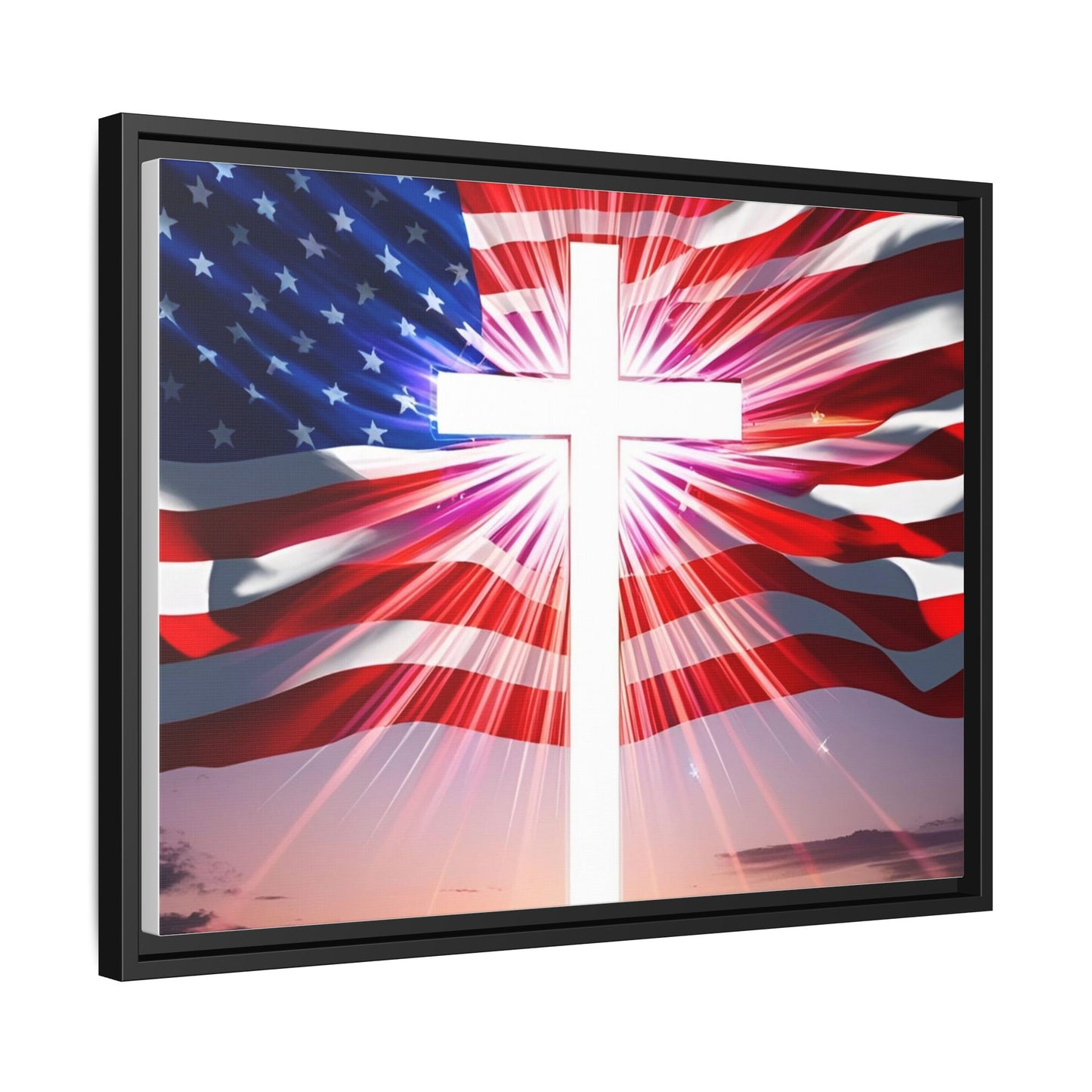 Patriotic Christian Canvas Art - Framed Multi-Color Cross with American Flag