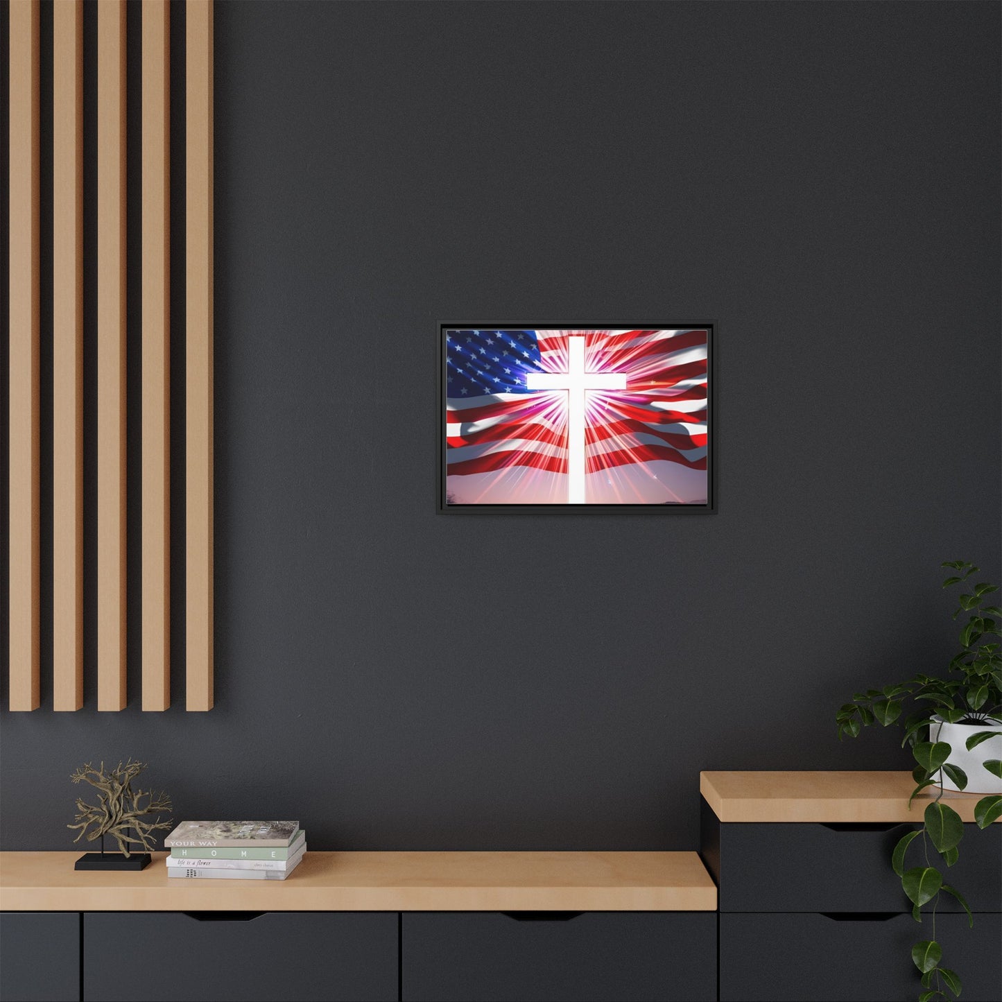 Patriotic Christian Canvas Art - Framed Multi-Color Cross with American Flag