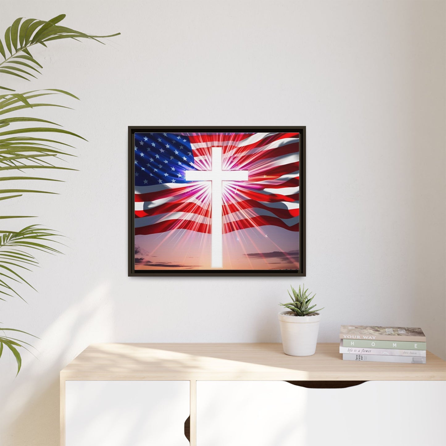 Patriotic Christian Canvas Art - Framed Multi-Color Cross with American Flag