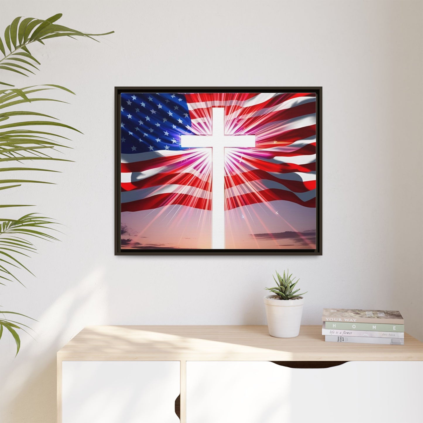 Patriotic Christian Canvas Art - Framed Multi-Color Cross with American Flag