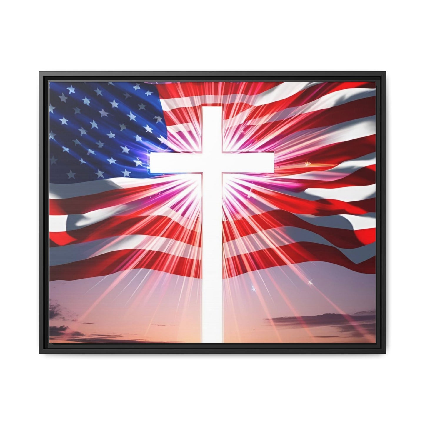 Patriotic Christian Canvas Art - Framed Multi-Color Cross with American Flag