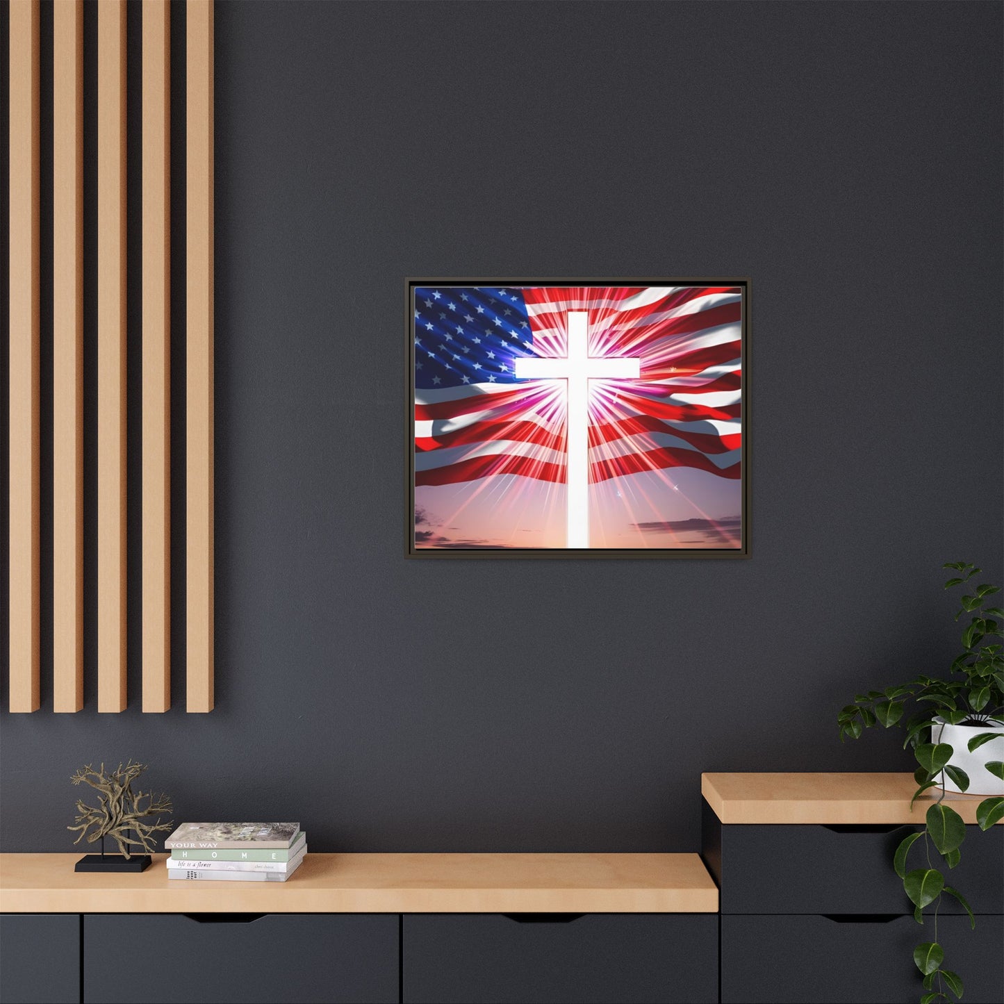 Patriotic Christian Canvas Art - Framed Multi-Color Cross with American Flag