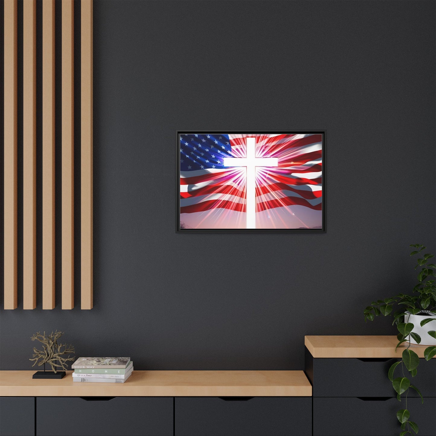 Patriotic Christian Canvas Art - Framed Multi-Color Cross with American Flag