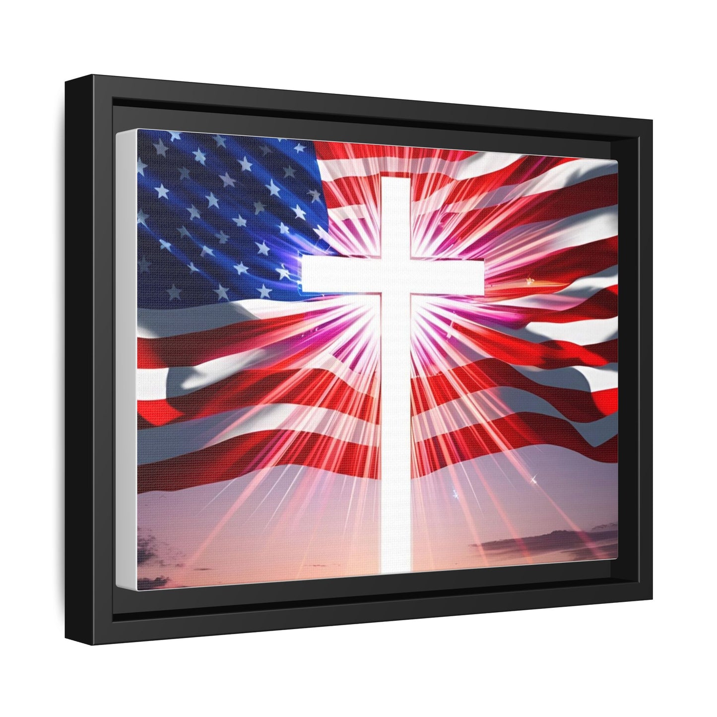 Patriotic Christian Canvas Art - Framed Multi-Color Cross with American Flag