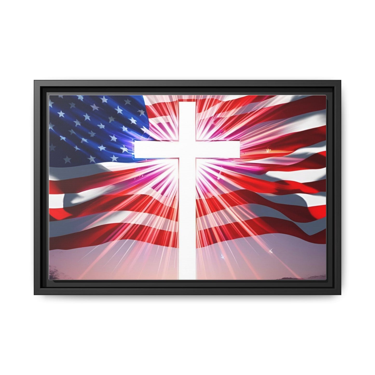 Patriotic Christian Canvas Art - Framed Multi-Color Cross with American Flag