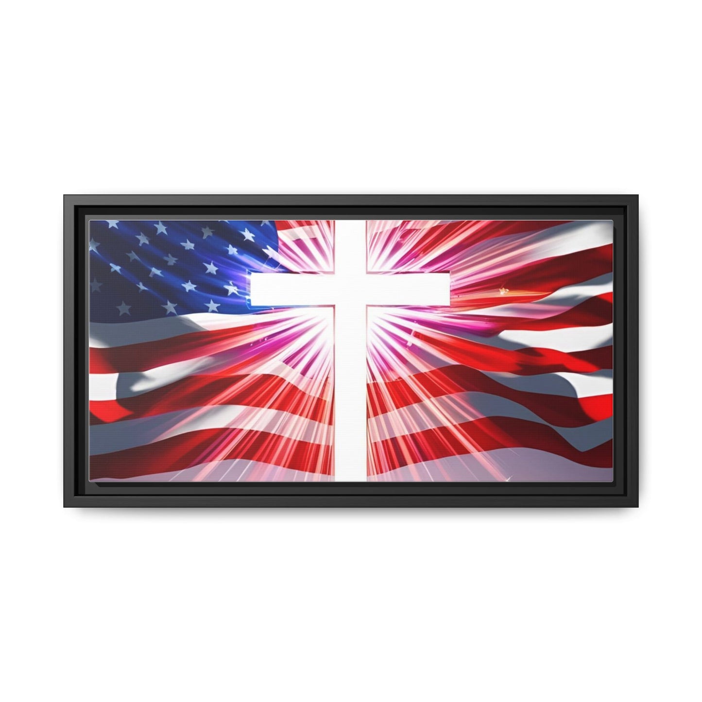 Patriotic Christian Canvas Art - Framed Multi-Color Cross with American Flag