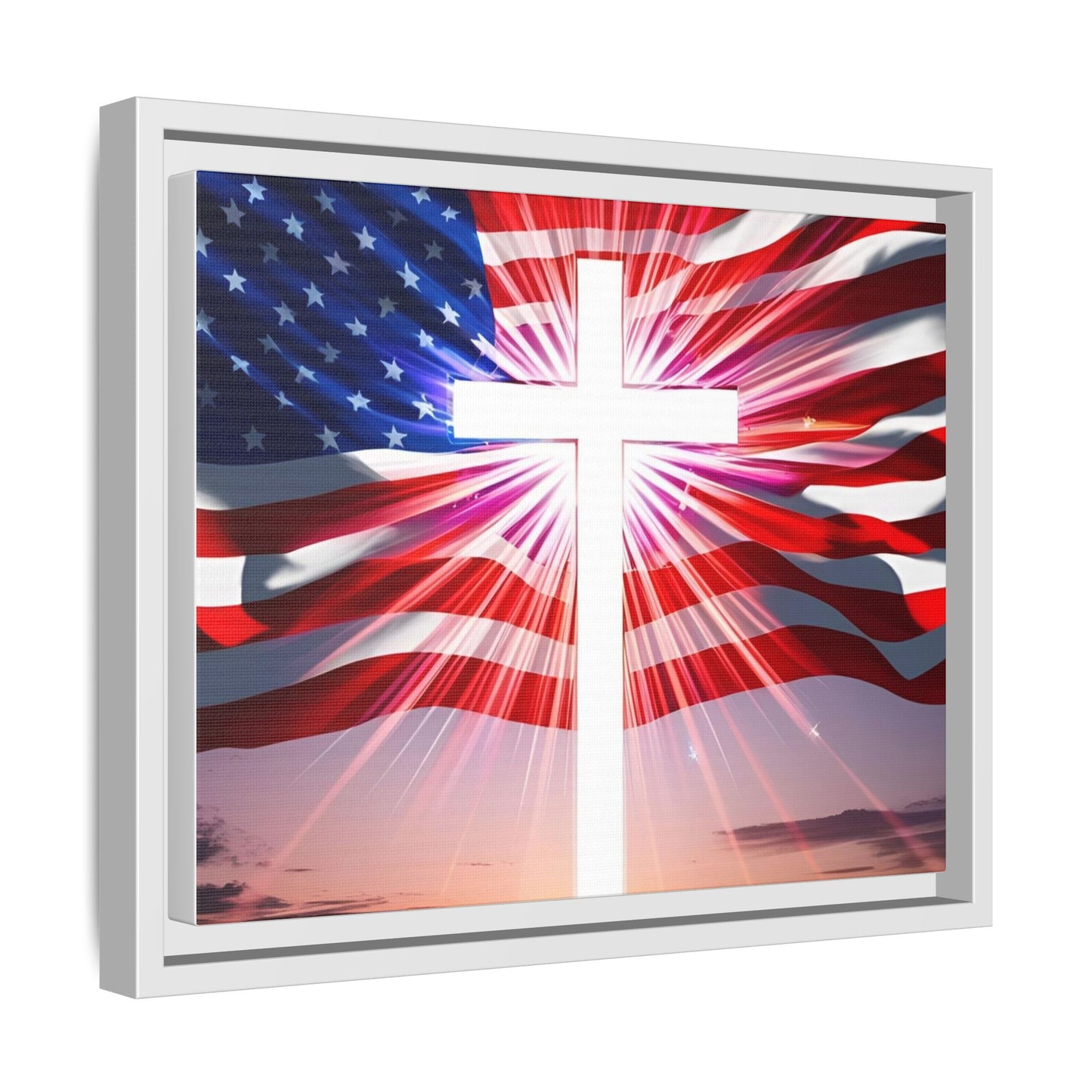 Patriotic Christian Canvas Art - Framed Multi-Color Cross with American Flag