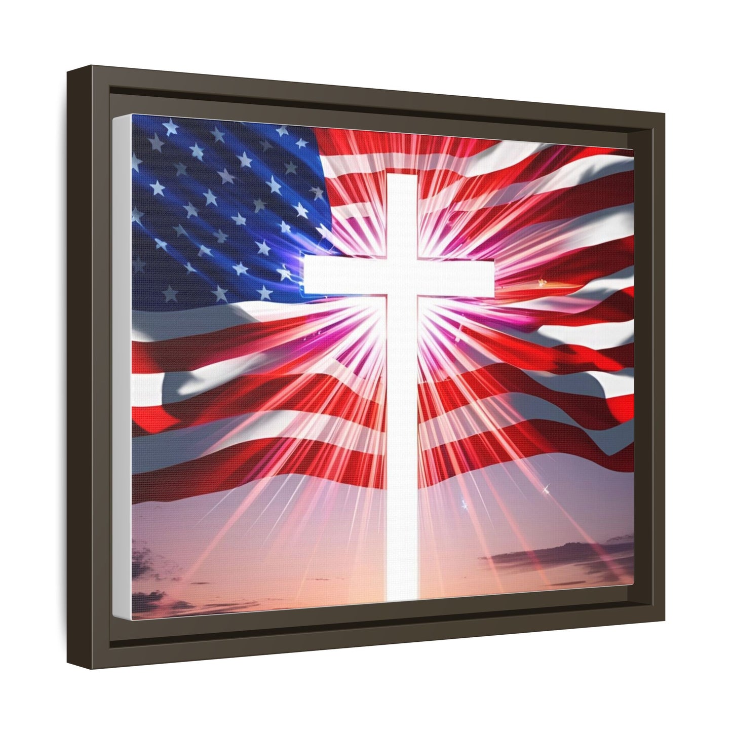 Patriotic Christian Canvas Art - Framed Multi-Color Cross with American Flag