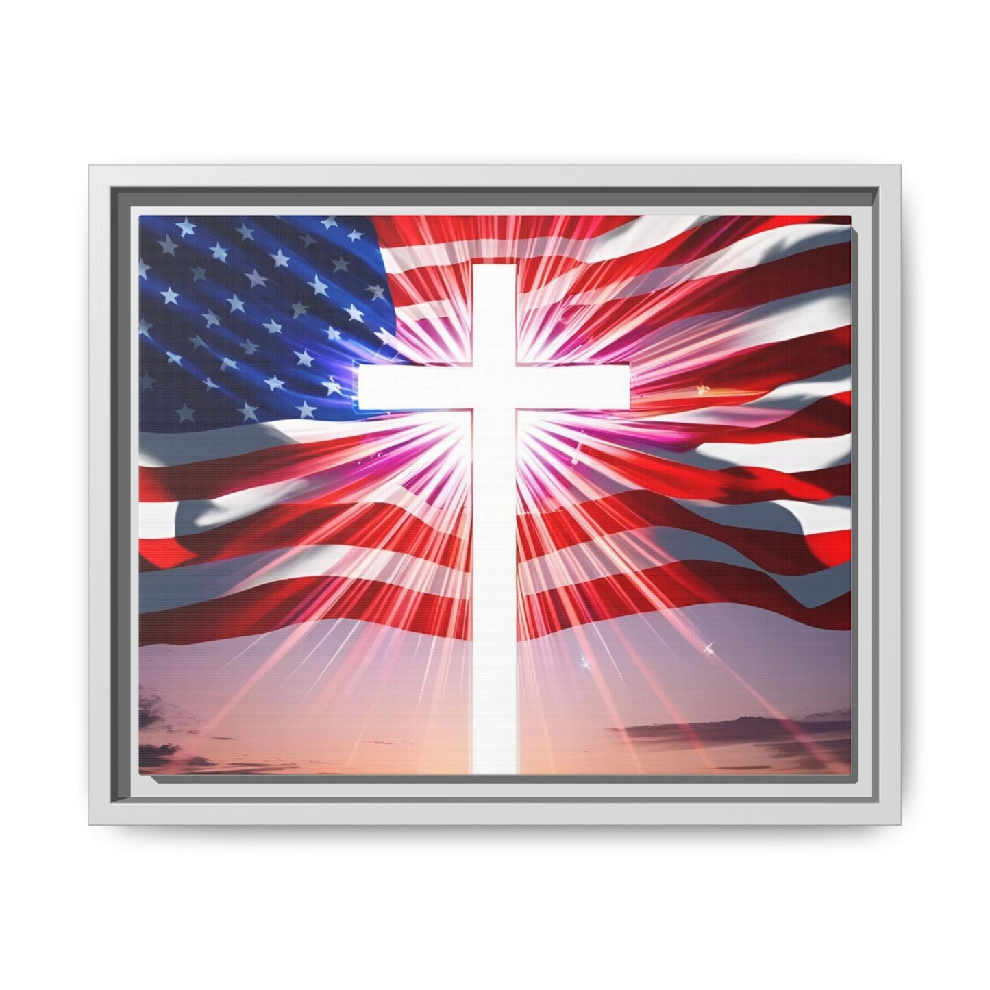 Patriotic Christian Canvas Art - Framed Multi-Color Cross with American Flag