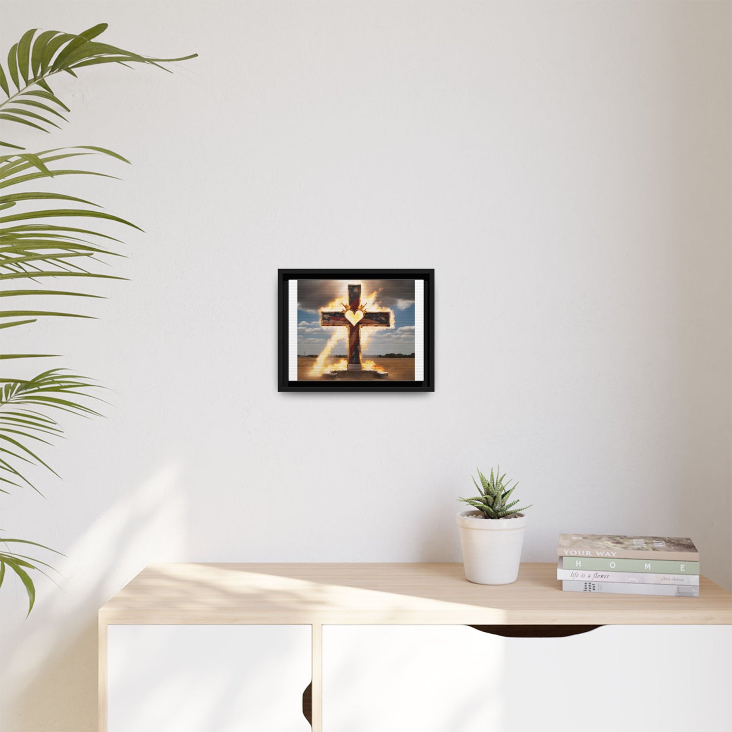 Framed Cross Art Print - Heart on Fire Design