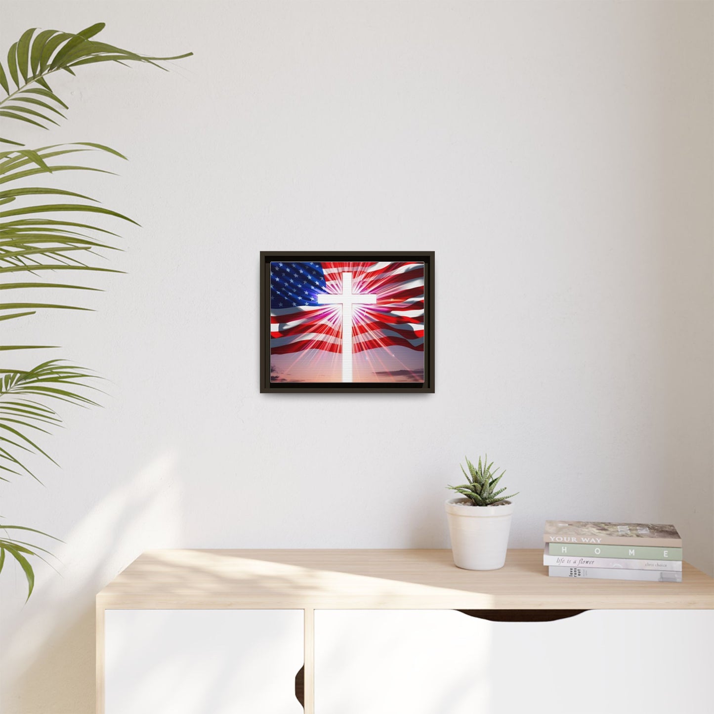 Patriotic Christian Canvas Art - Framed Multi-Color Cross with American Flag