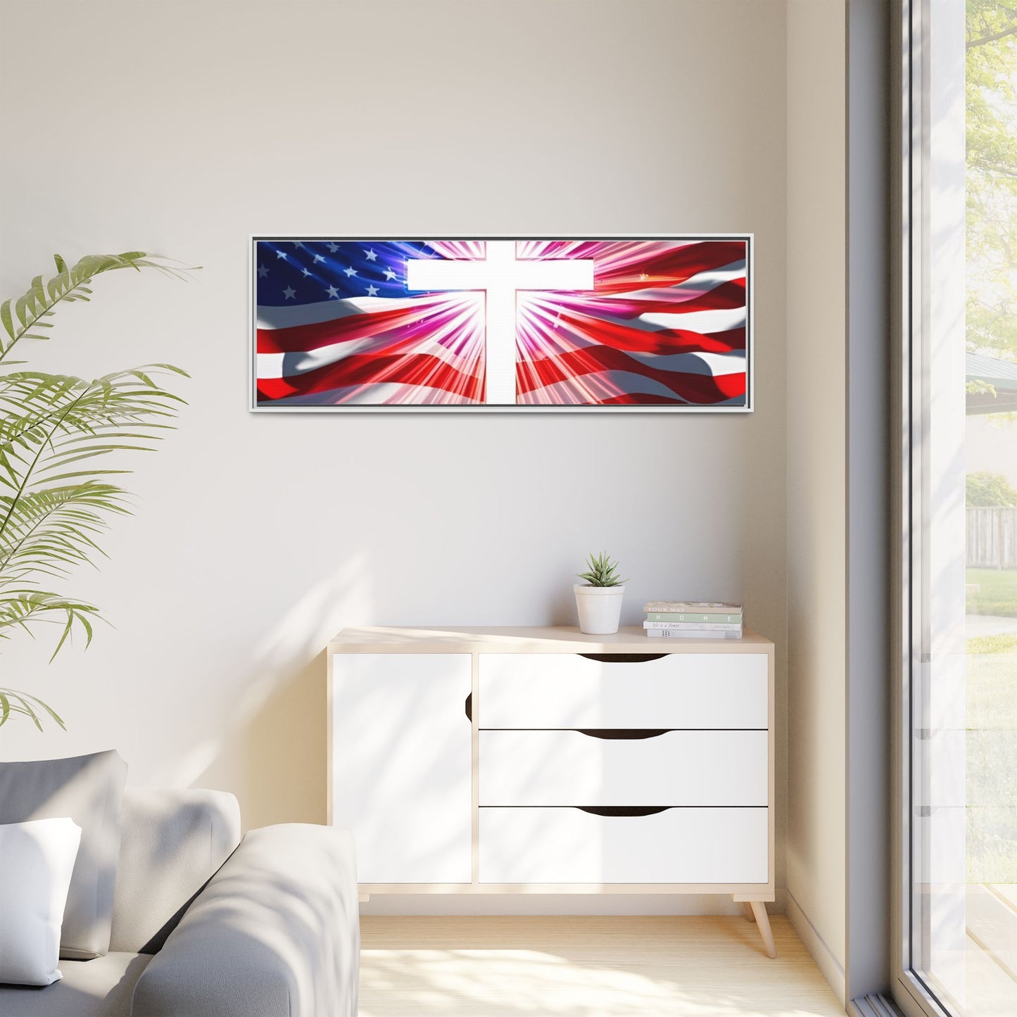 Patriotic Christian Canvas Art - Framed Multi-Color Cross with American Flag