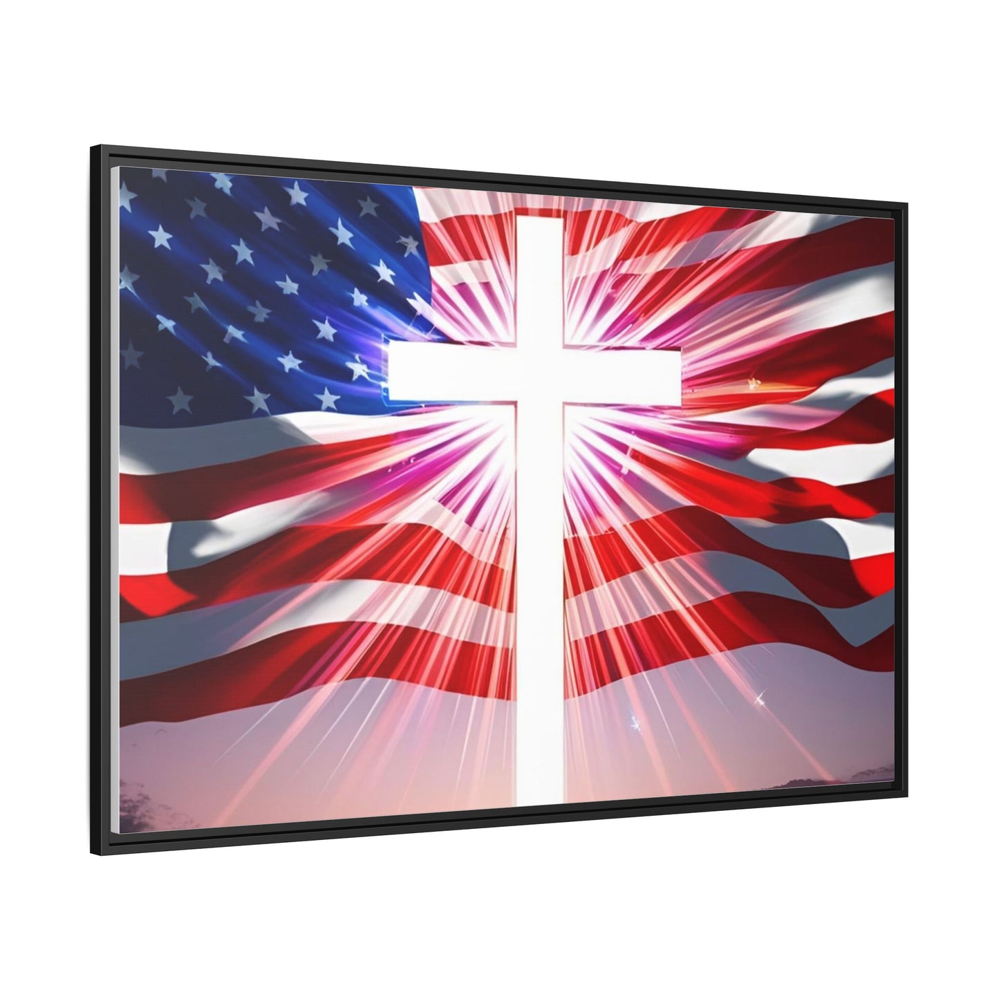 Patriotic Christian Canvas Art - Framed Multi-Color Cross with American Flag