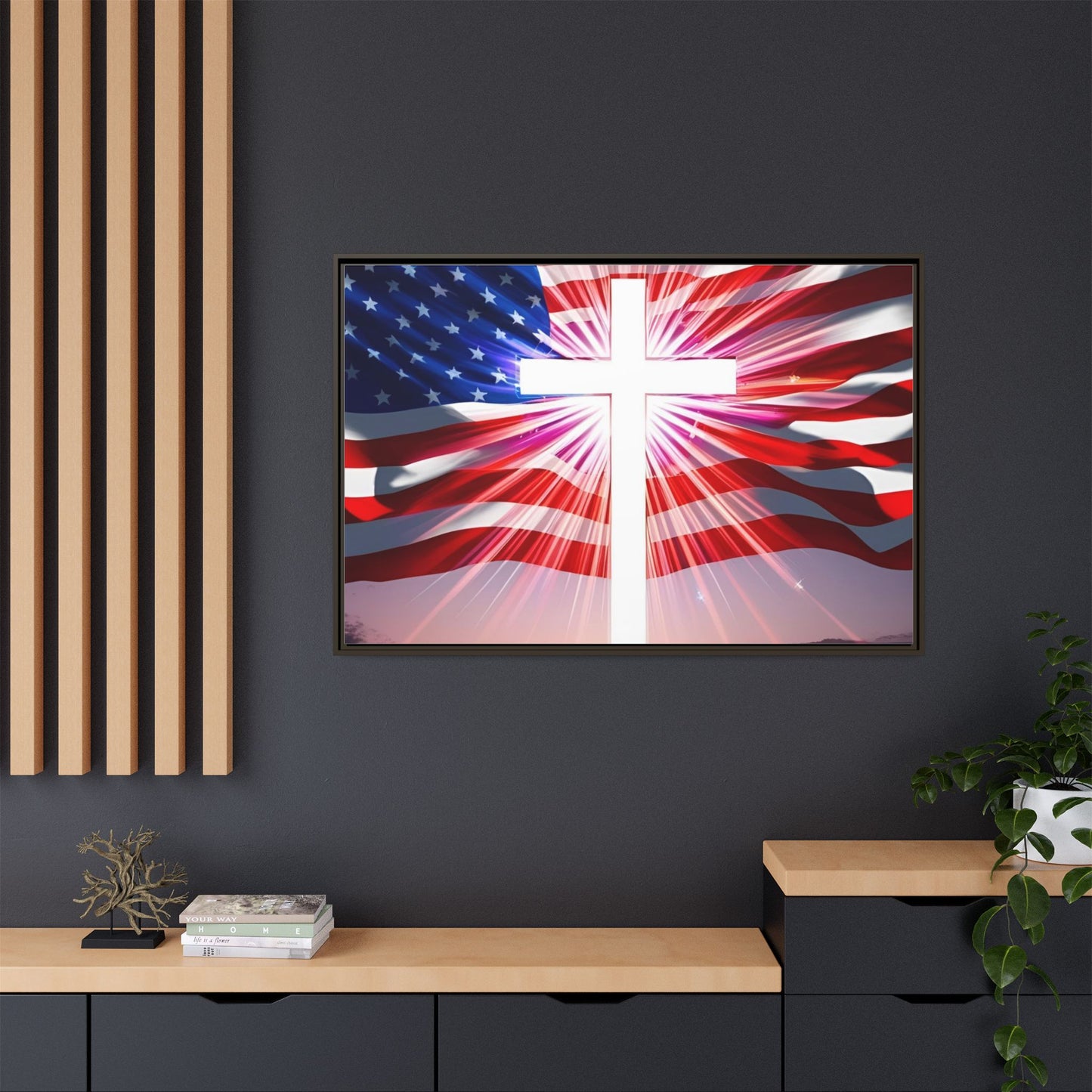 Patriotic Christian Canvas Art - Framed Multi-Color Cross with American Flag