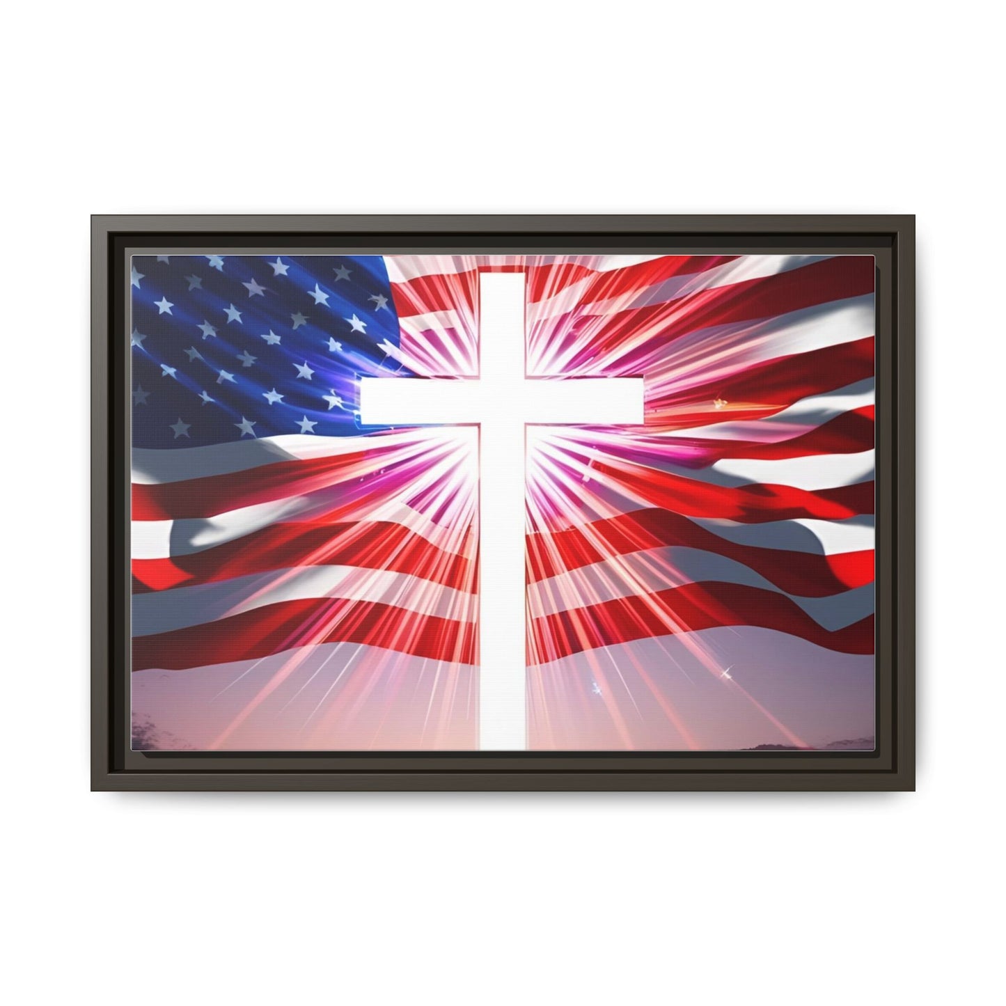 Patriotic Christian Canvas Art - Framed Multi-Color Cross with American Flag