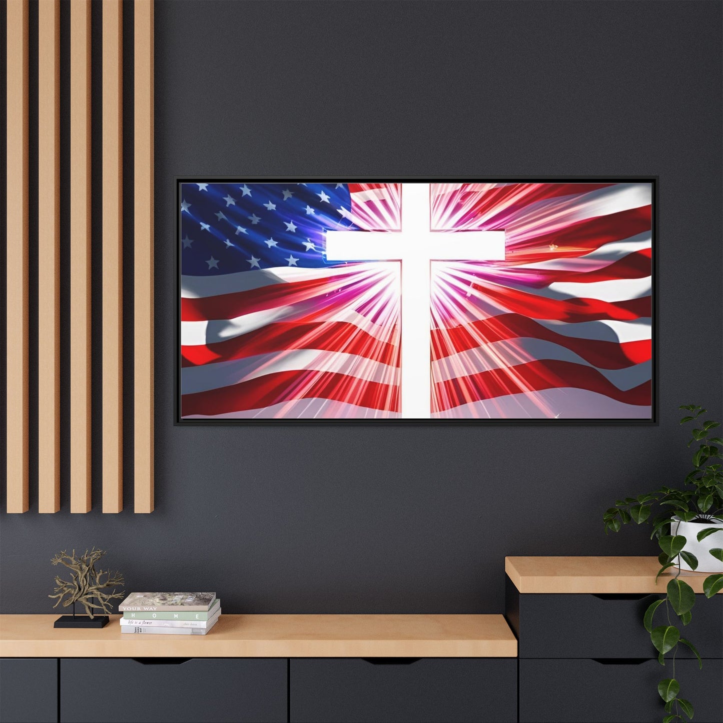Patriotic Christian Canvas Art - Framed Multi-Color Cross with American Flag