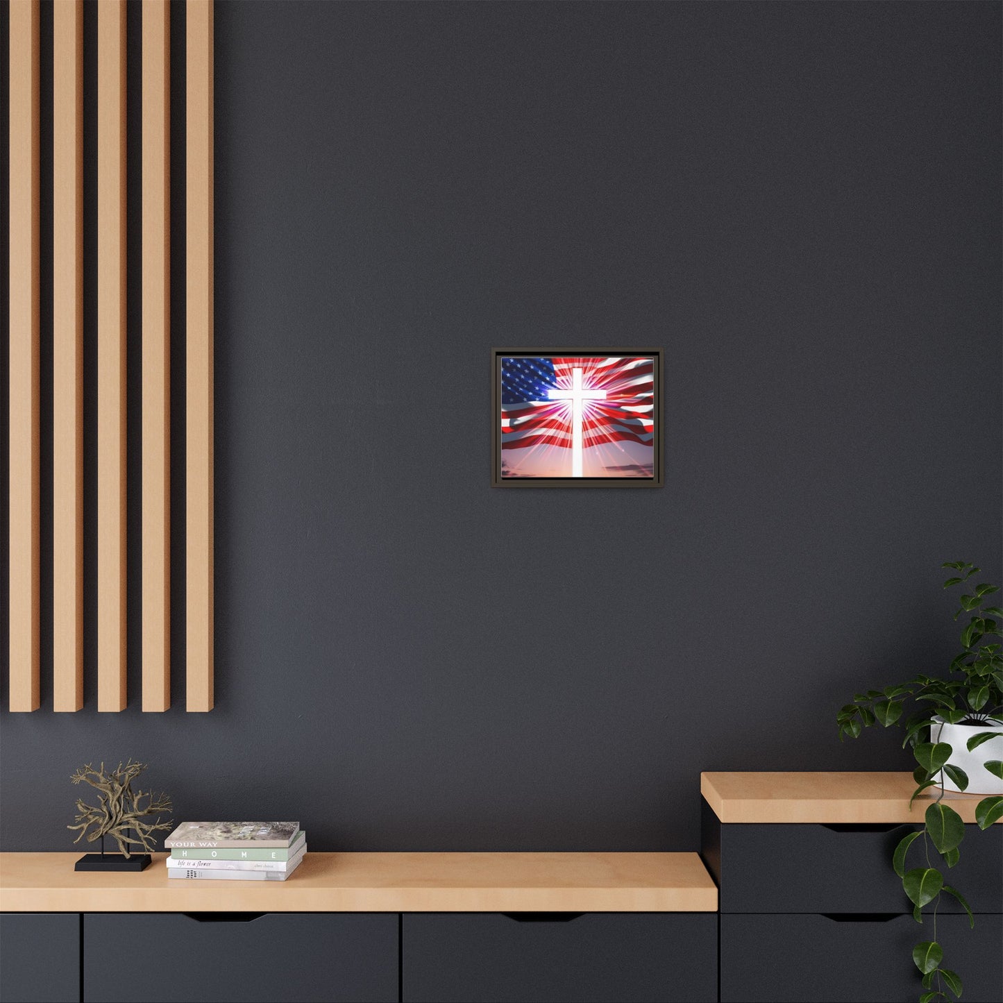 Patriotic Christian Canvas Art - Framed Multi-Color Cross with American Flag