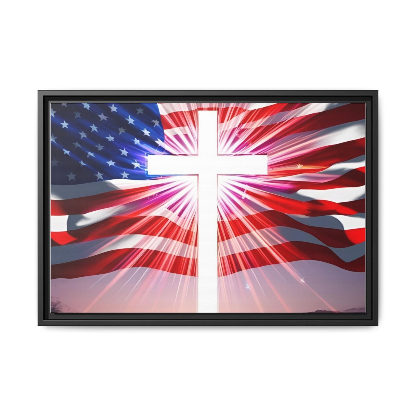 Patriotic Christian Canvas Art - Framed Multi-Color Cross with American Flag
