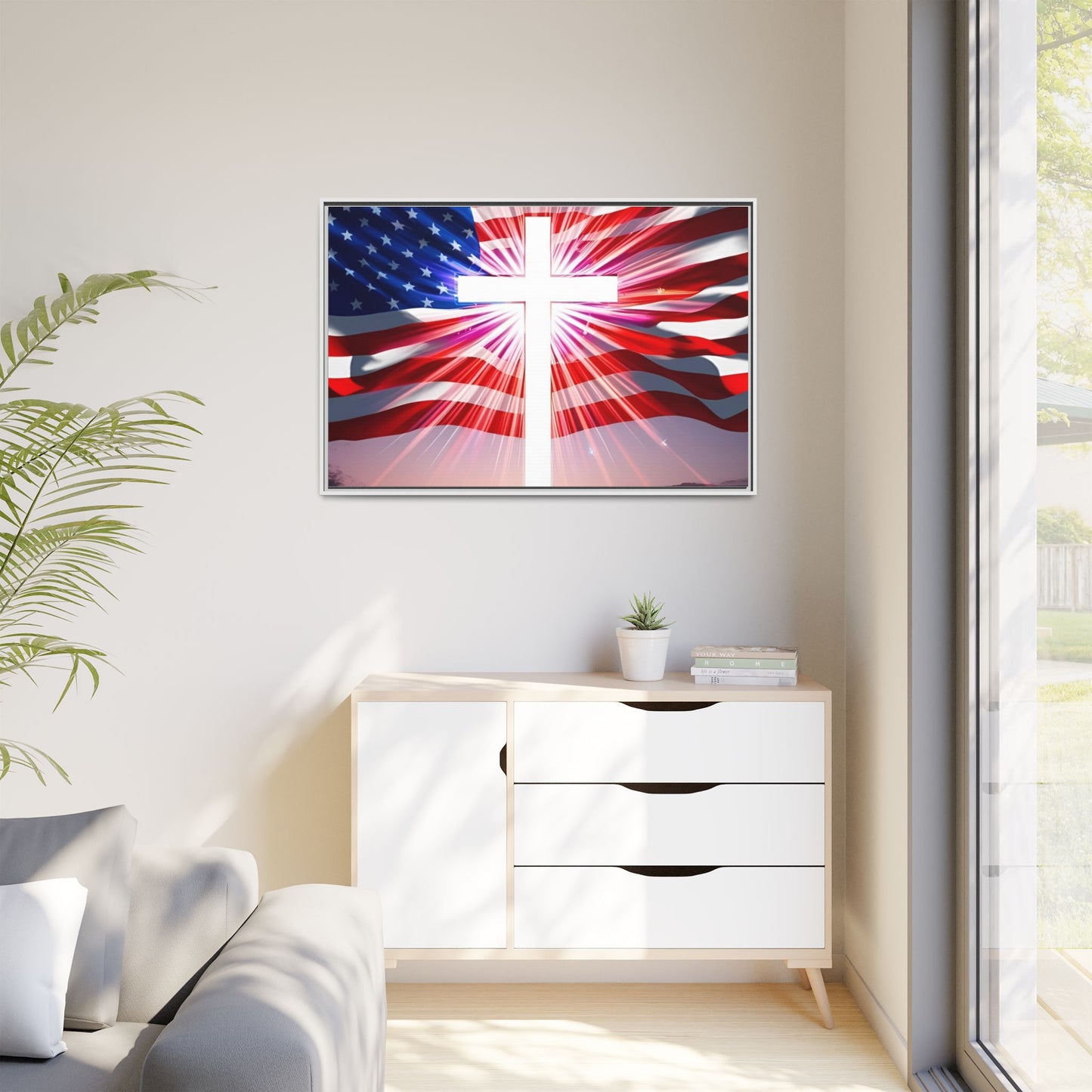 Patriotic Christian Canvas Art - Framed Multi-Color Cross with American Flag