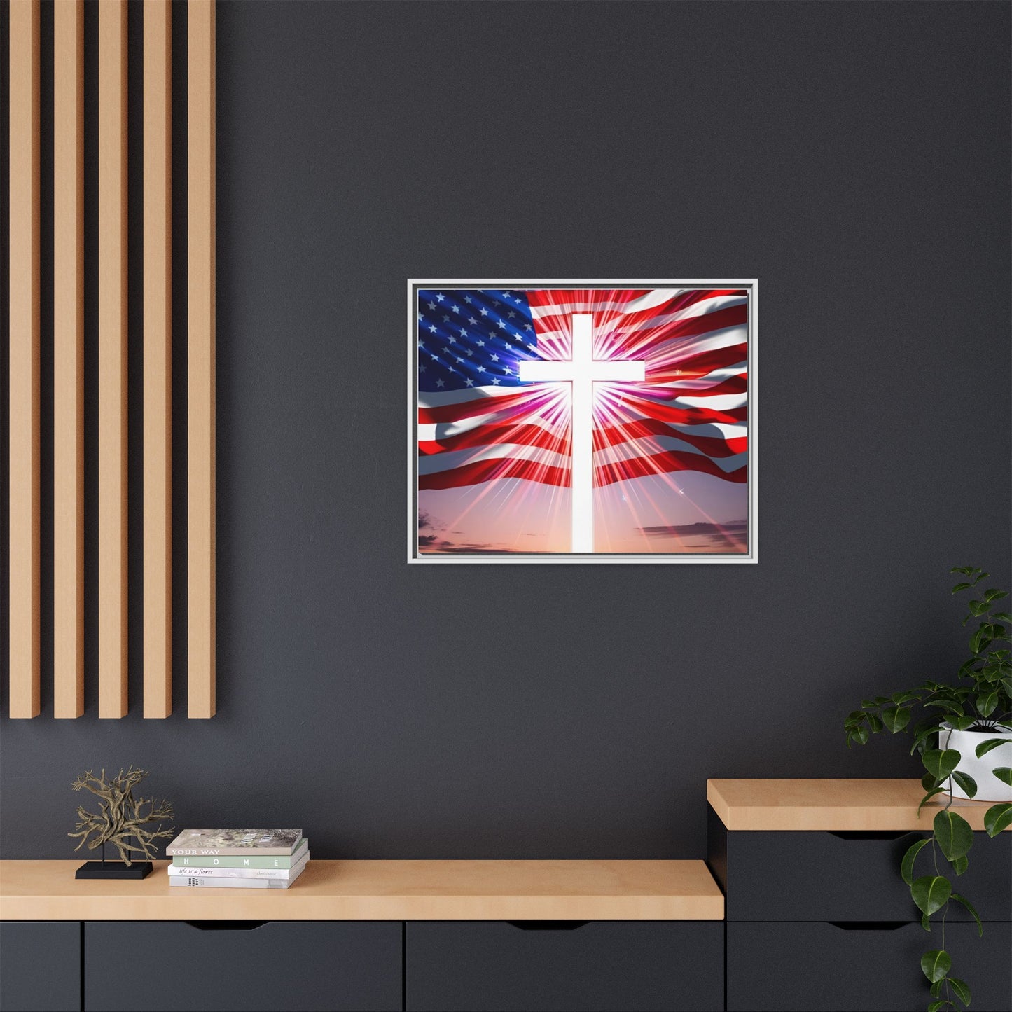 Patriotic Christian Canvas Art - Framed Multi-Color Cross with American Flag