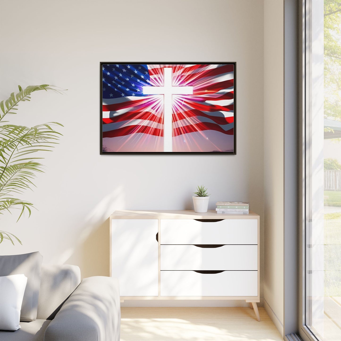 Patriotic Christian Canvas Art - Framed Multi-Color Cross with American Flag