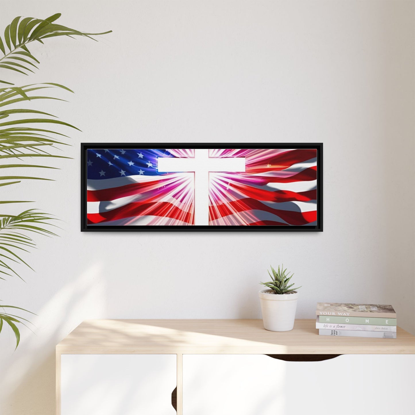 Patriotic Christian Canvas Art - Framed Multi-Color Cross with American Flag