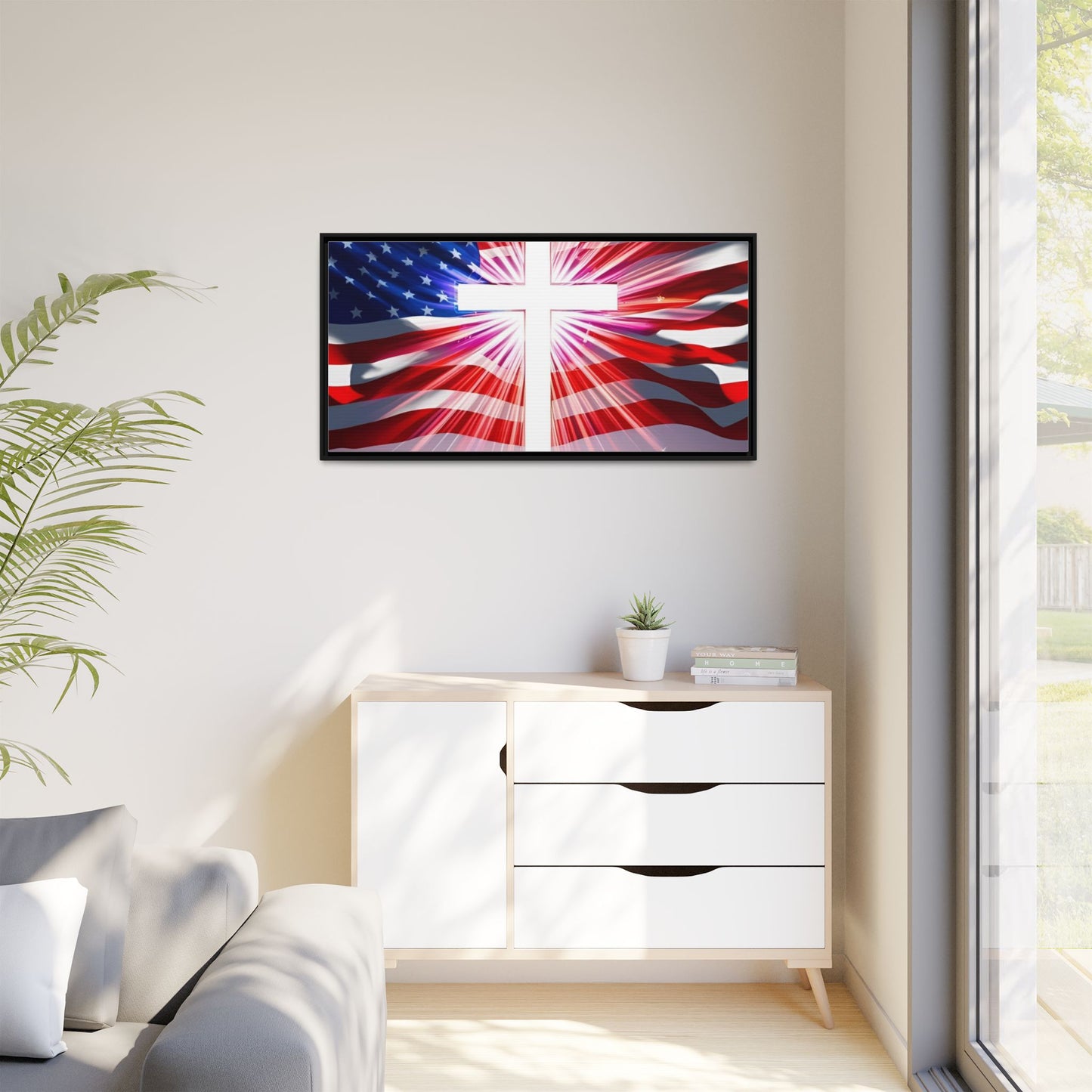 Patriotic Christian Canvas Art - Framed Multi-Color Cross with American Flag