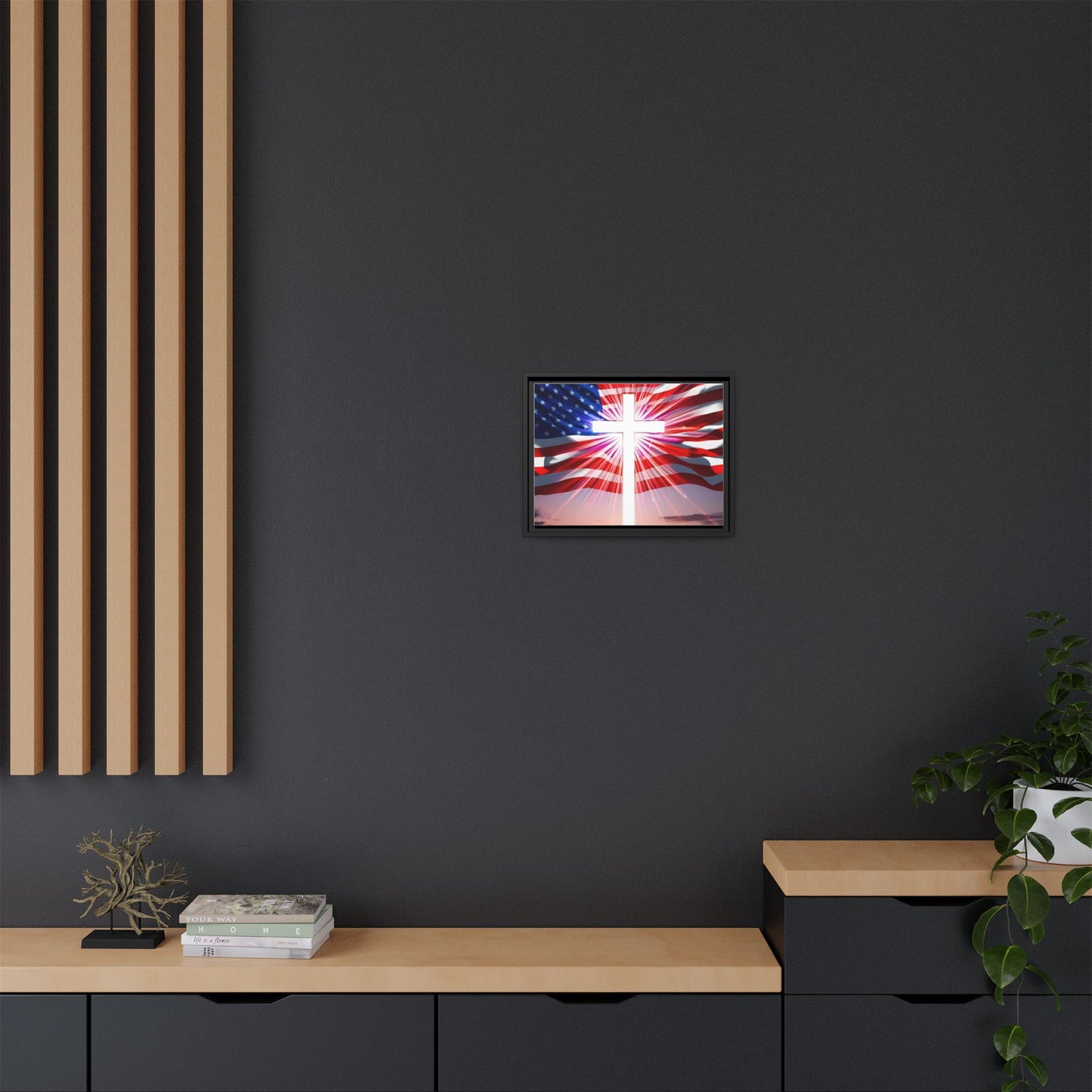 Patriotic Christian Canvas Art - Framed Multi-Color Cross with American Flag