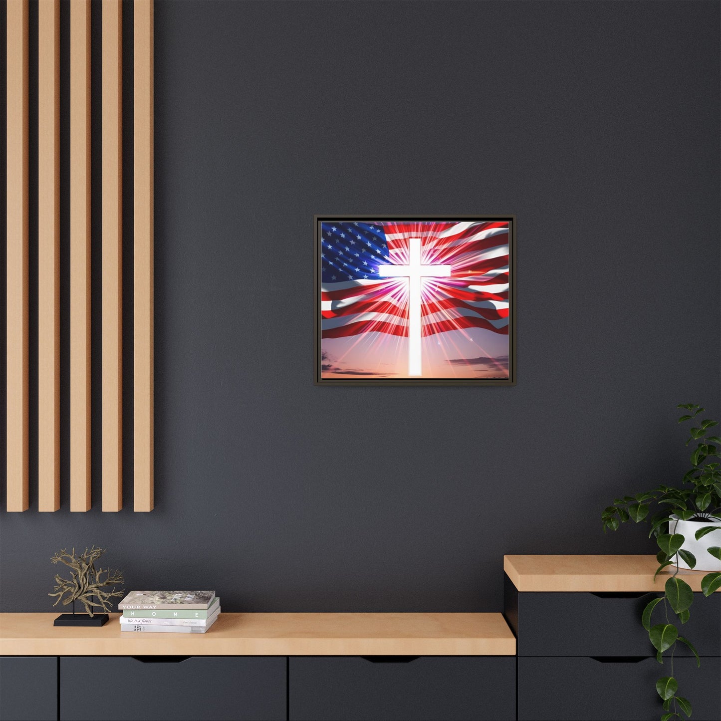 Patriotic Christian Canvas Art - Framed Multi-Color Cross with American Flag