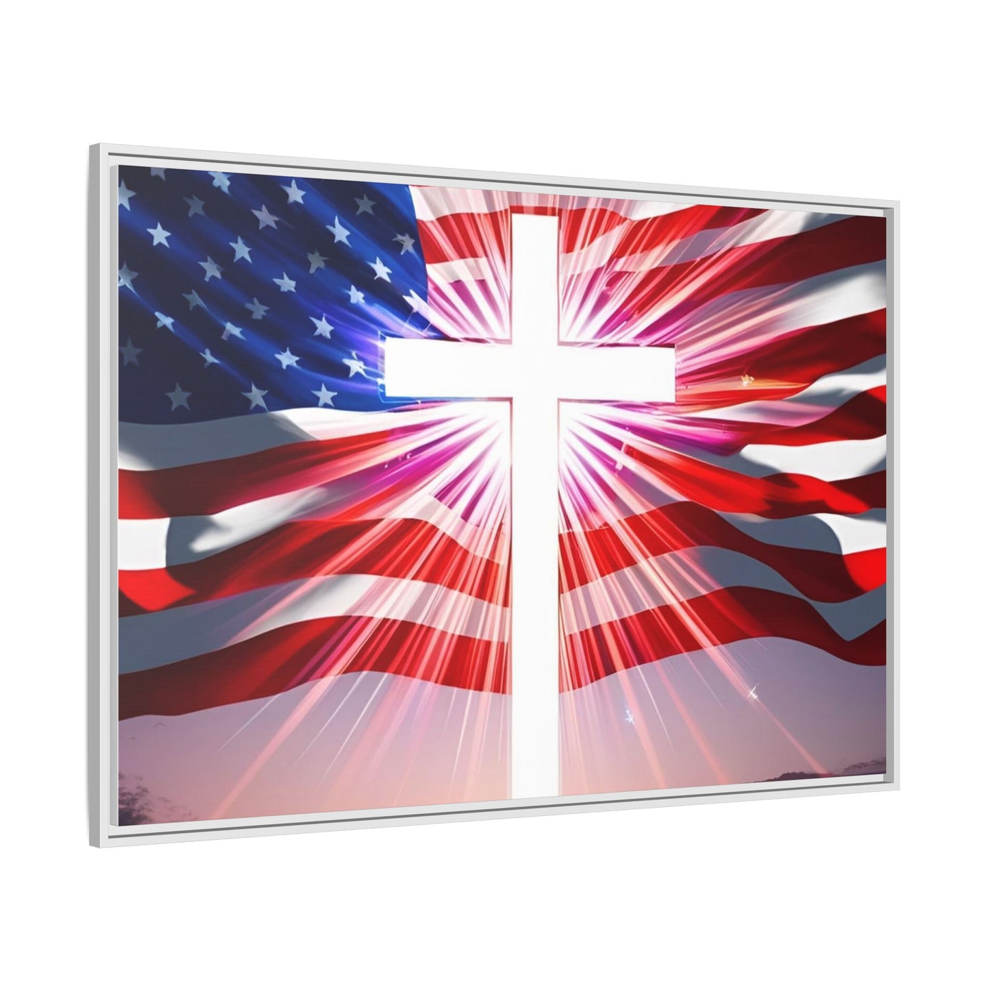 Patriotic Christian Canvas Art - Framed Multi-Color Cross with American Flag