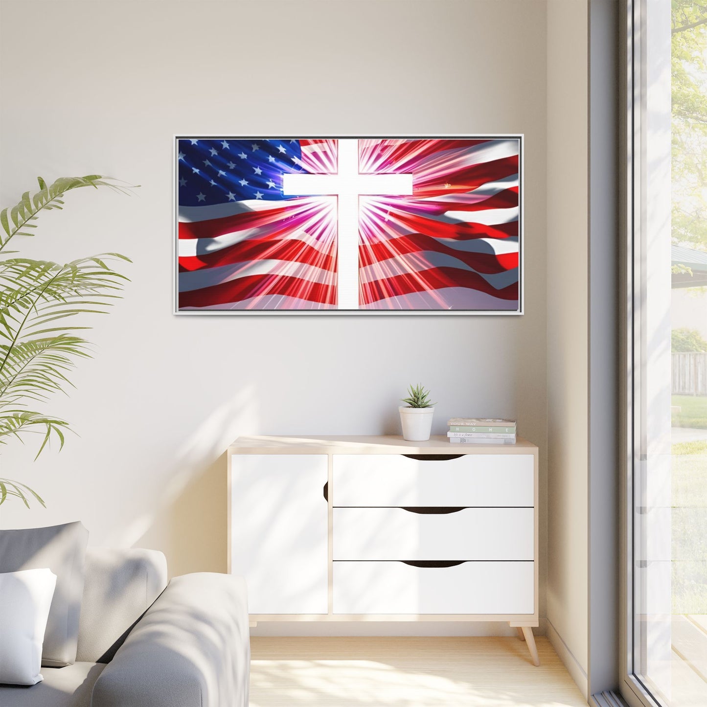Patriotic Christian Canvas Art - Framed Multi-Color Cross with American Flag