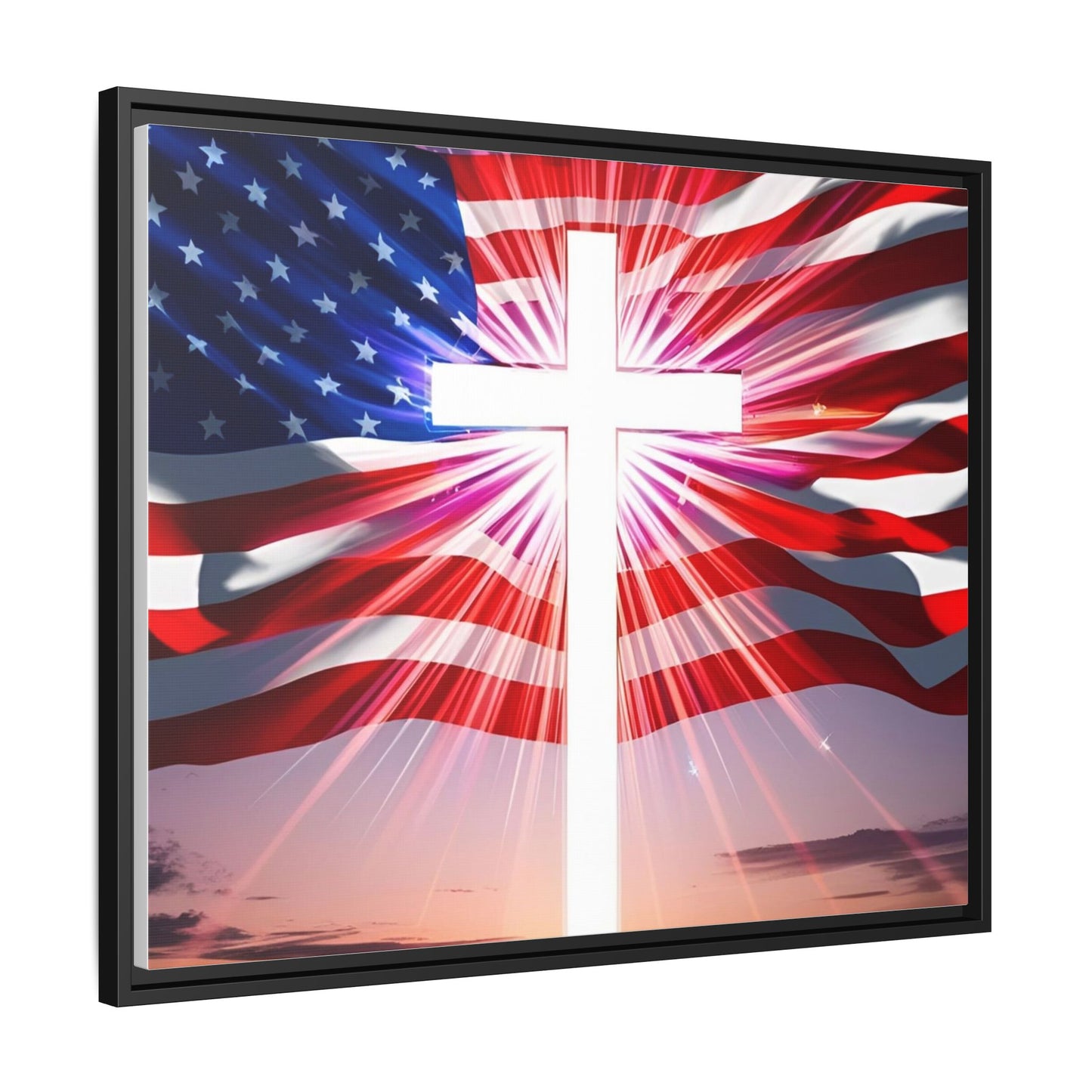 Patriotic Christian Canvas Art - Framed Multi-Color Cross with American Flag