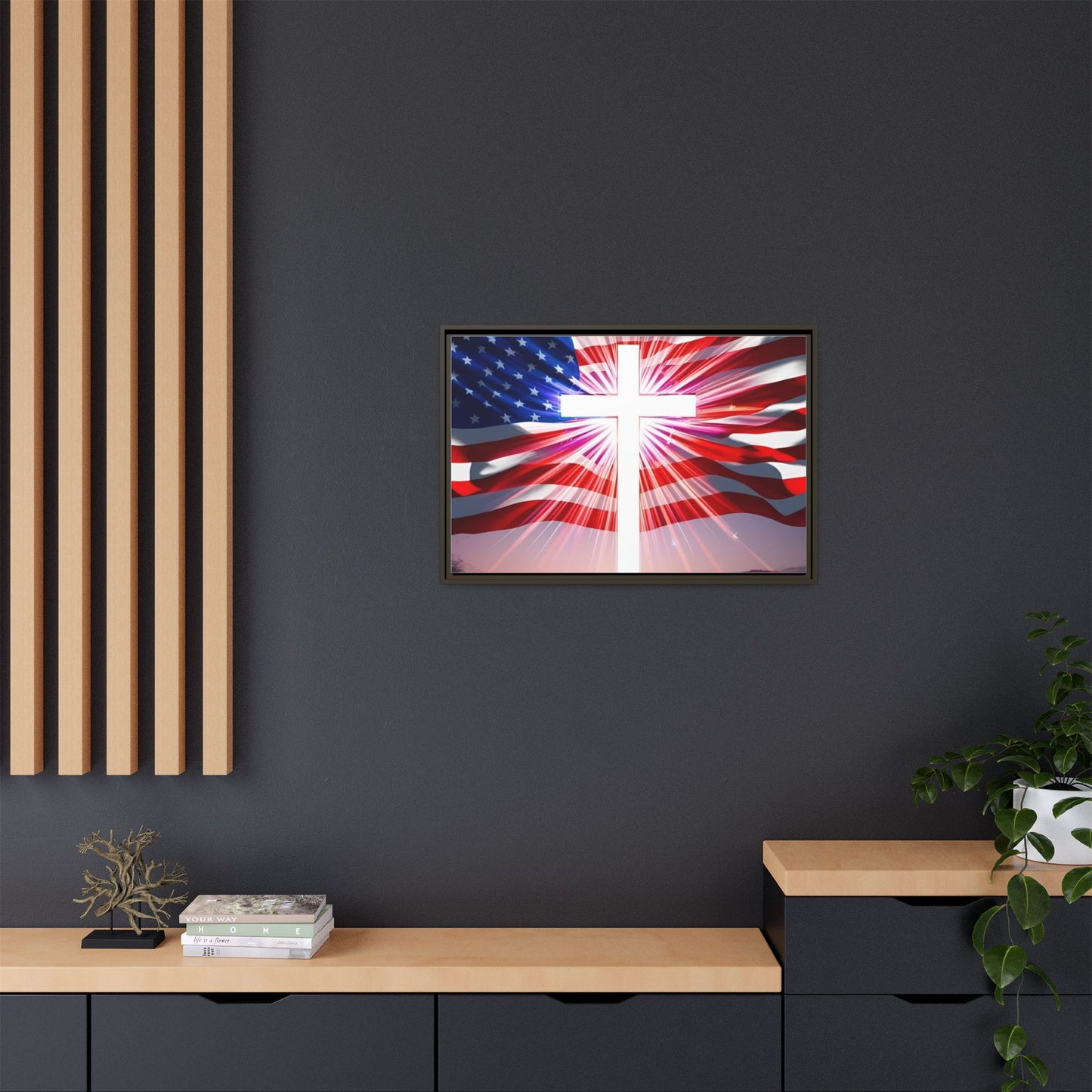 Patriotic Christian Canvas Art - Framed Multi-Color Cross with American Flag