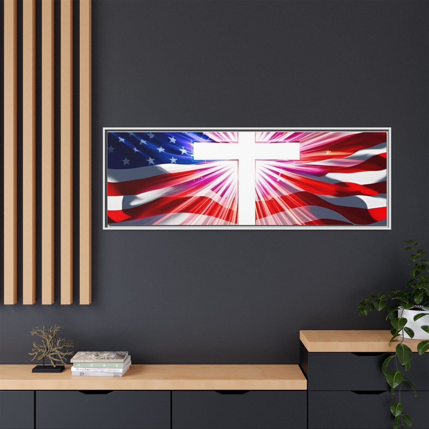 Patriotic Christian Canvas Art - Framed Multi-Color Cross with American Flag