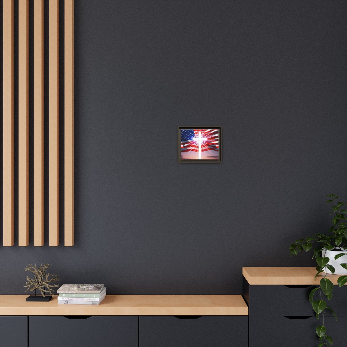 Patriotic Christian Canvas Art - Framed Multi-Color Cross with American Flag