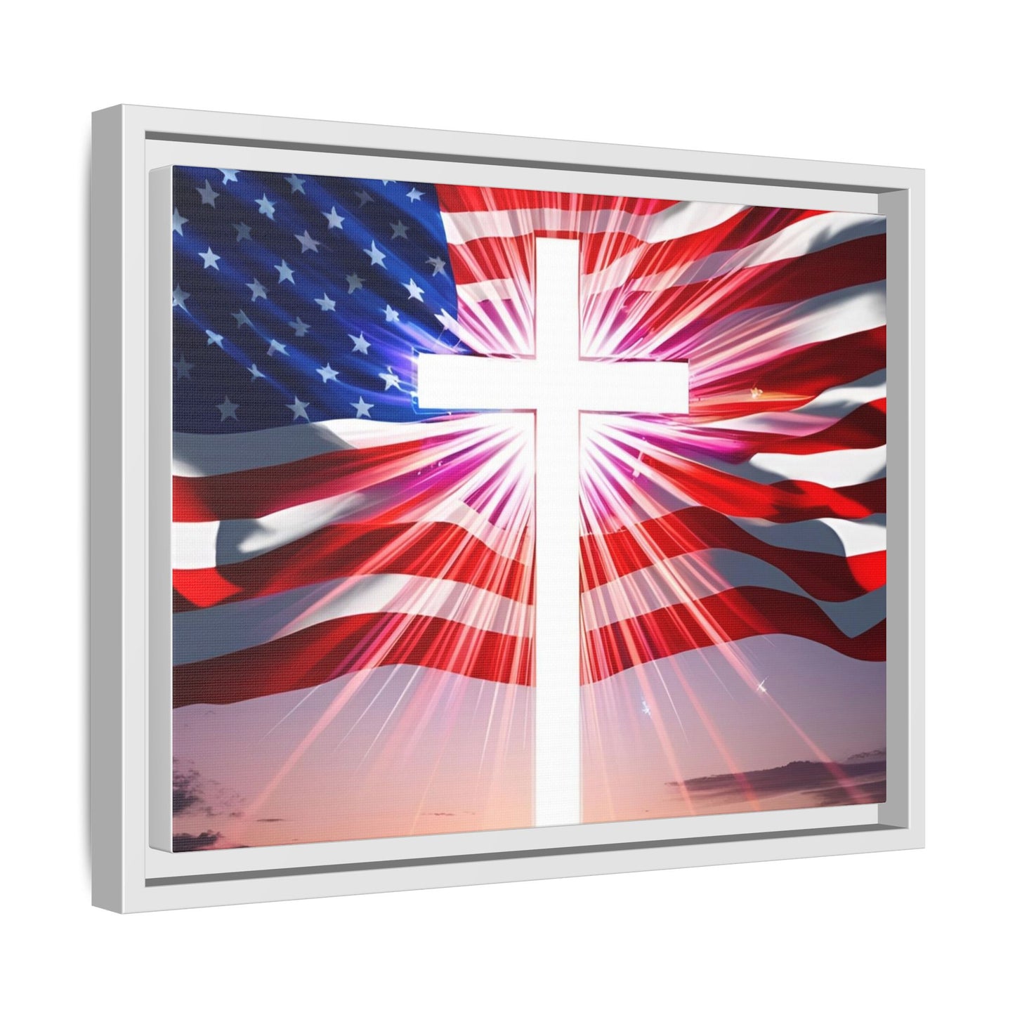 Patriotic Christian Canvas Art - Framed Multi-Color Cross with American Flag