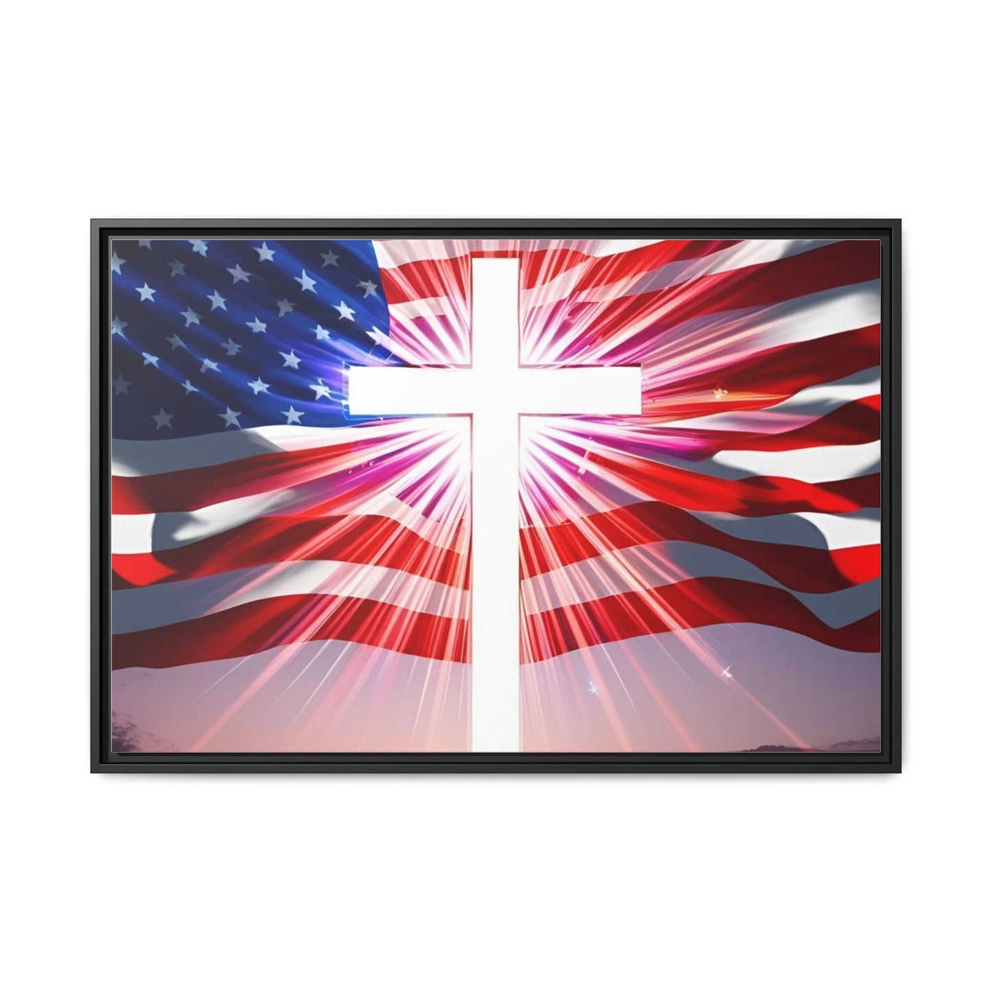 Patriotic Christian Canvas Art - Framed Multi-Color Cross with American Flag
