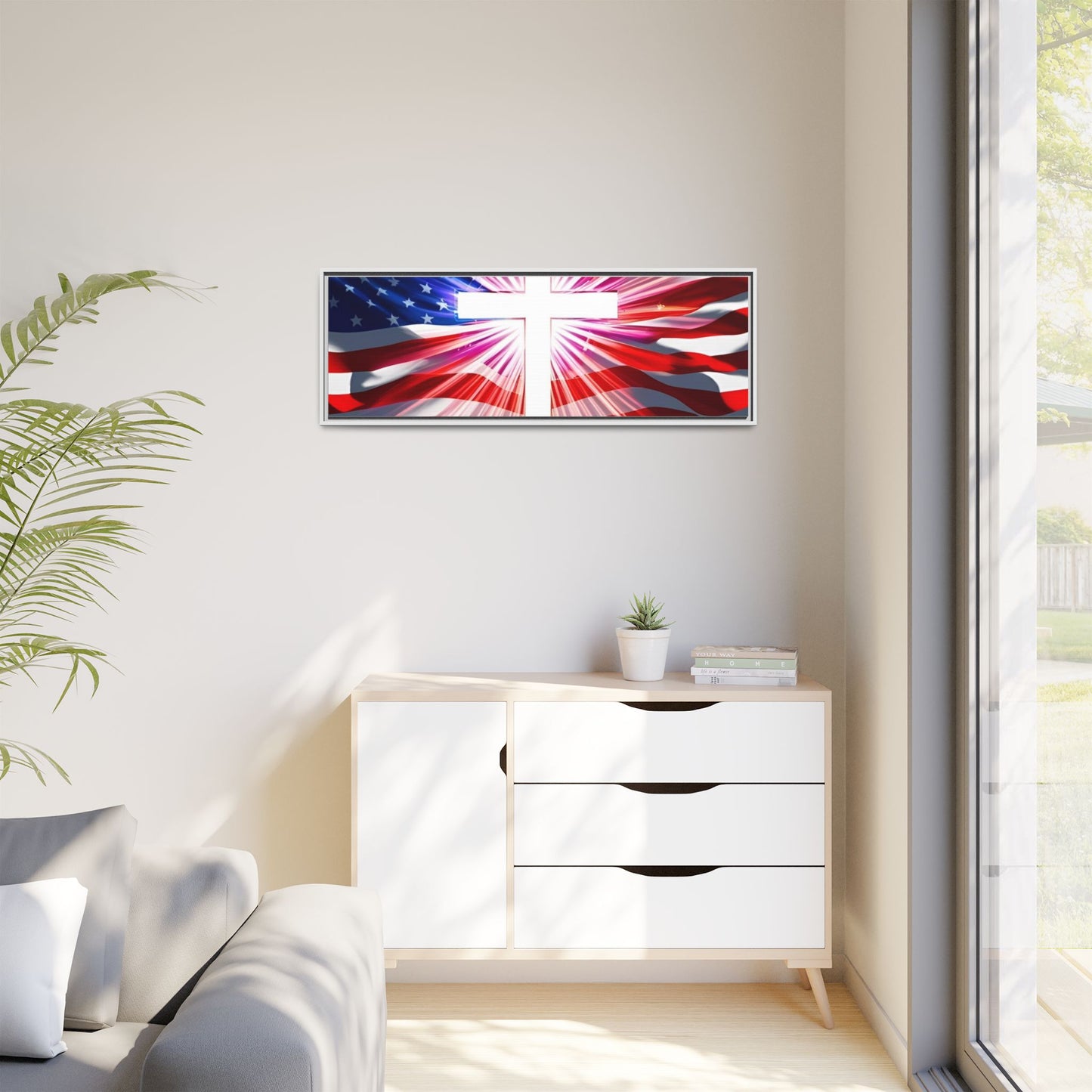 Patriotic Christian Canvas Art - Framed Multi-Color Cross with American Flag