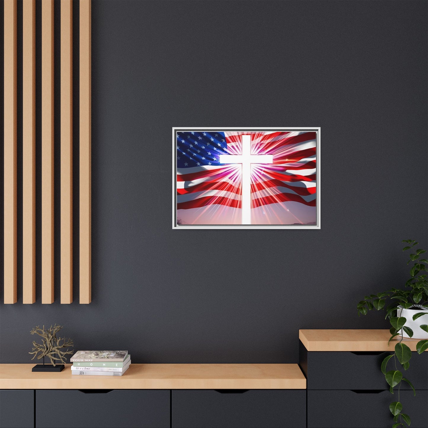 Patriotic Christian Canvas Art - Framed Multi-Color Cross with American Flag