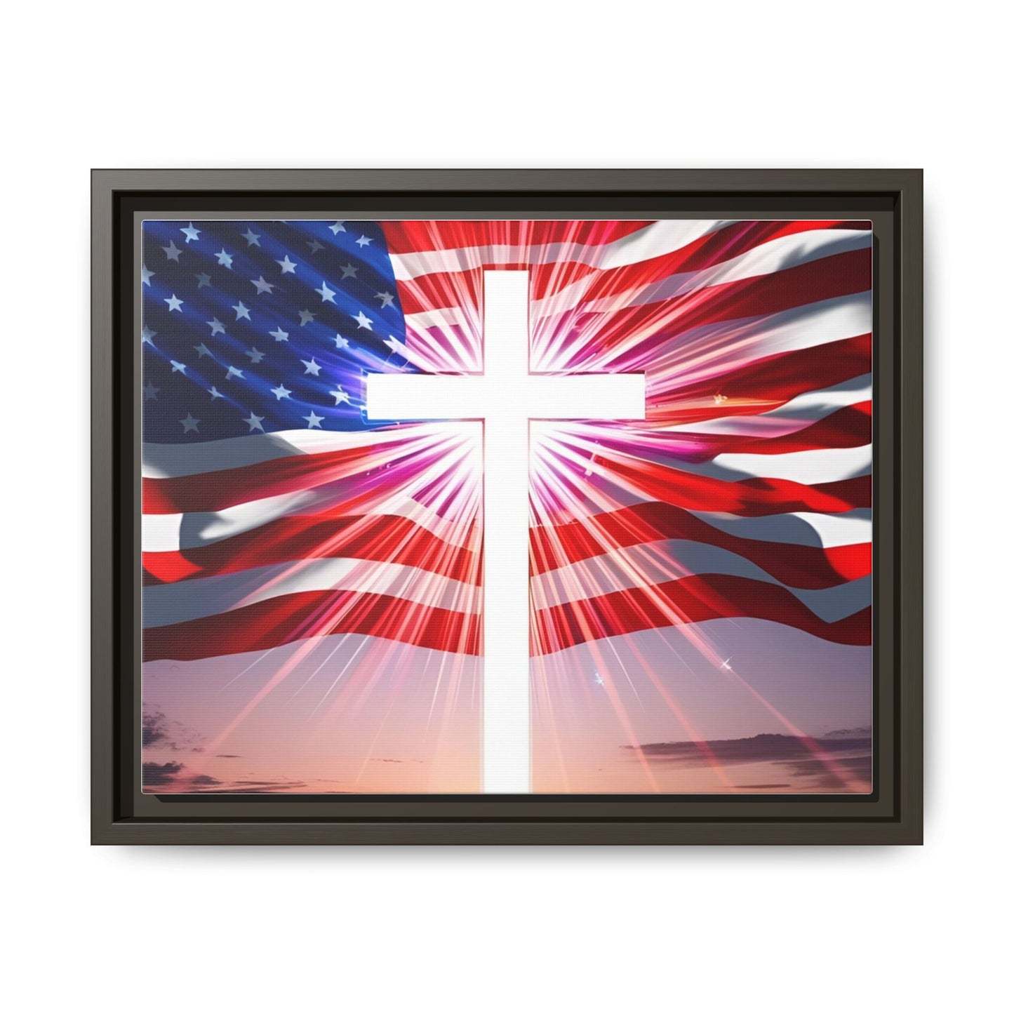 Patriotic Christian Canvas Art - Framed Multi-Color Cross with American Flag