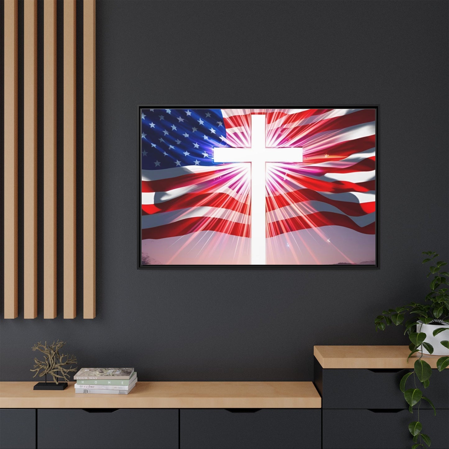 Patriotic Christian Canvas Art - Framed Multi-Color Cross with American Flag