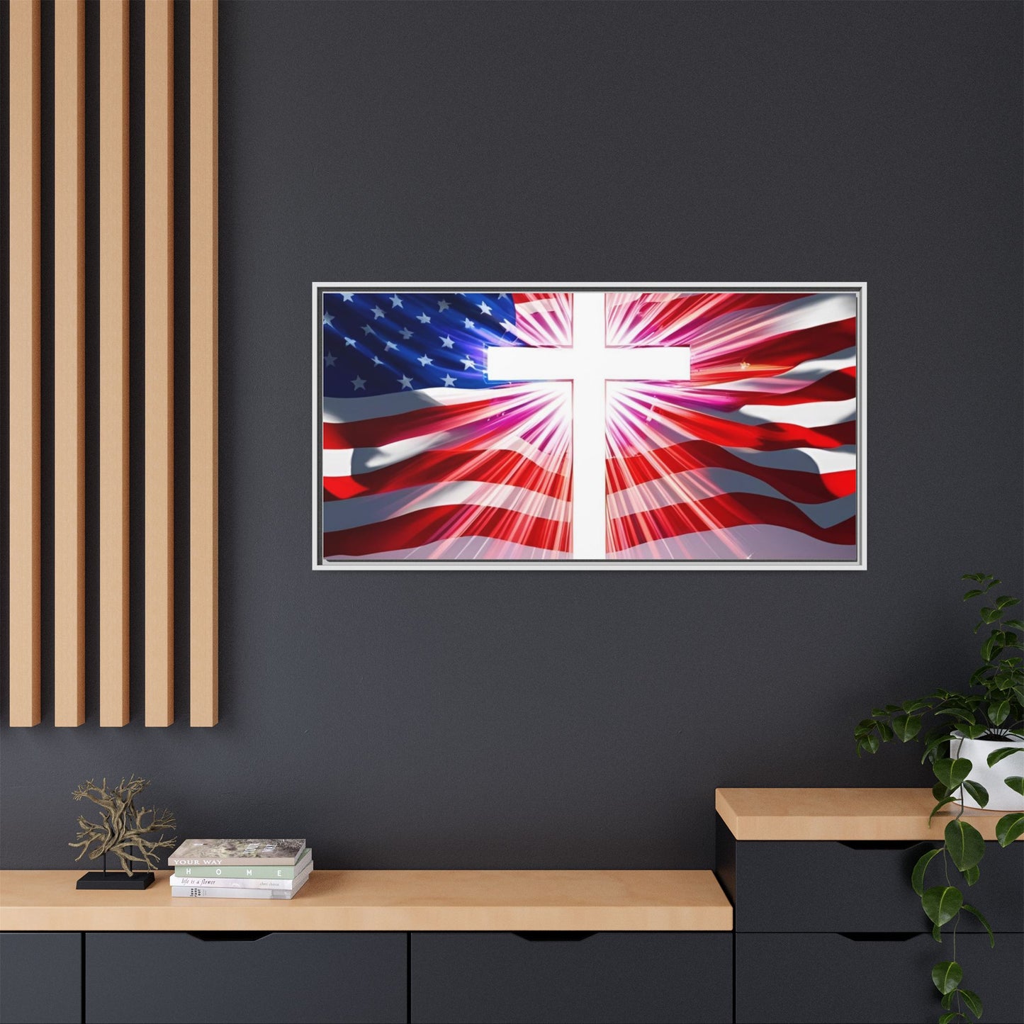 Patriotic Christian Canvas Art - Framed Multi-Color Cross with American Flag