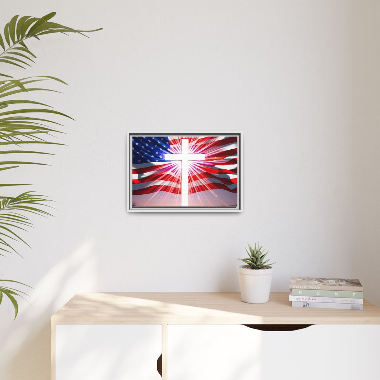 Patriotic Christian Canvas Art - Framed Multi-Color Cross with American Flag