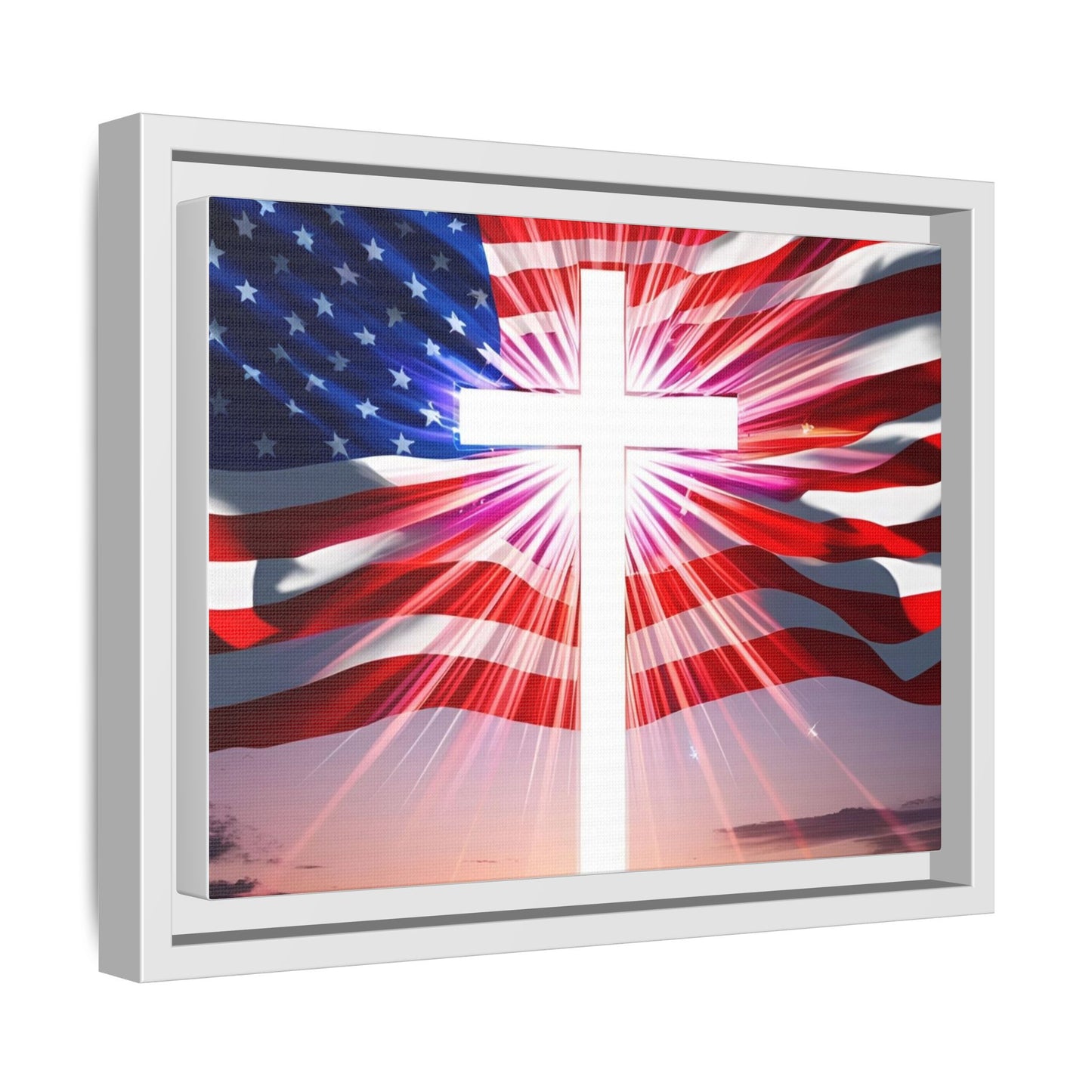 Patriotic Christian Canvas Art - Framed Multi-Color Cross with American Flag