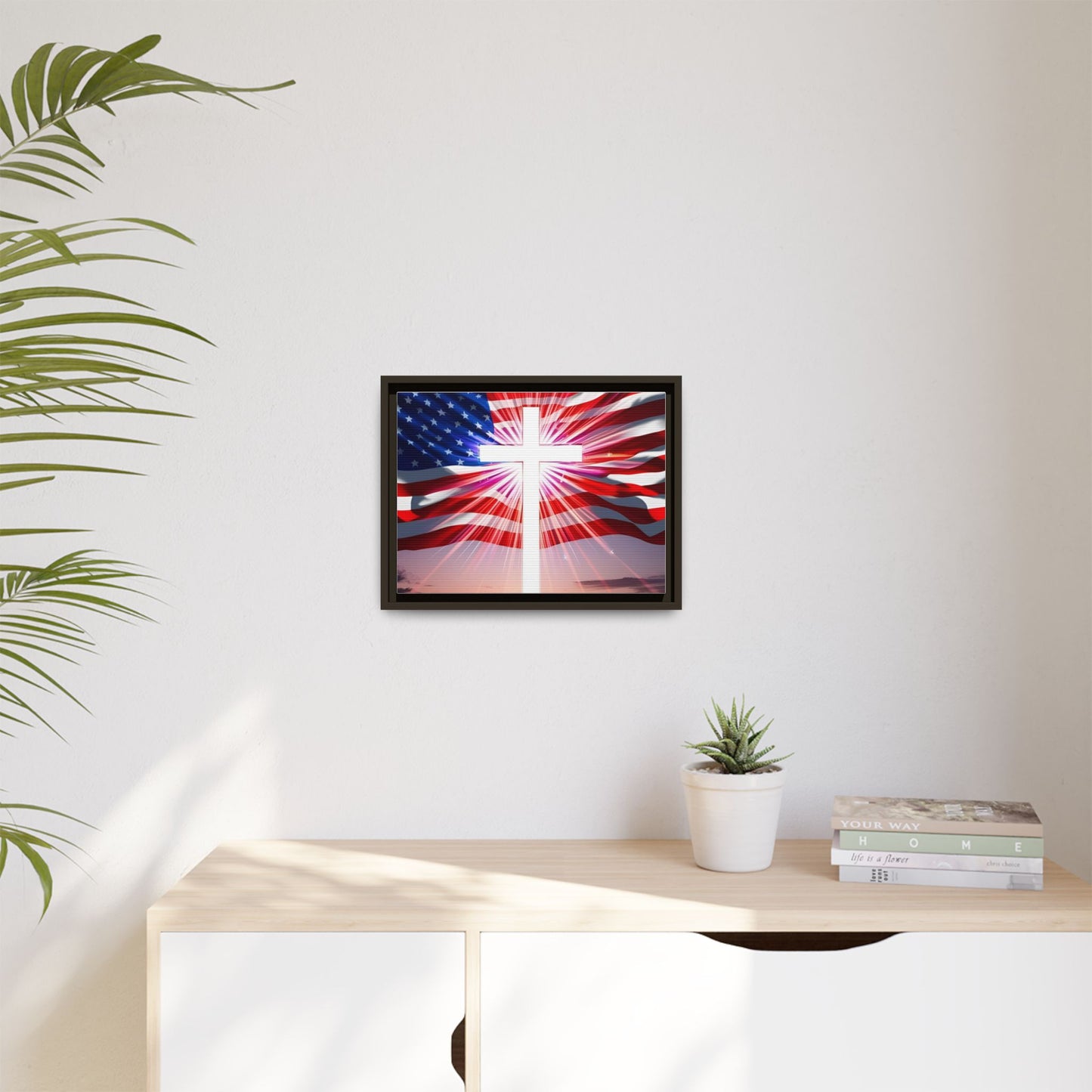 Patriotic Christian Canvas Art - Framed Multi-Color Cross with American Flag