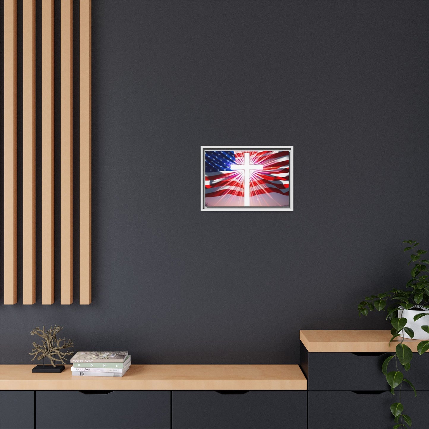 Patriotic Christian Canvas Art - Framed Multi-Color Cross with American Flag