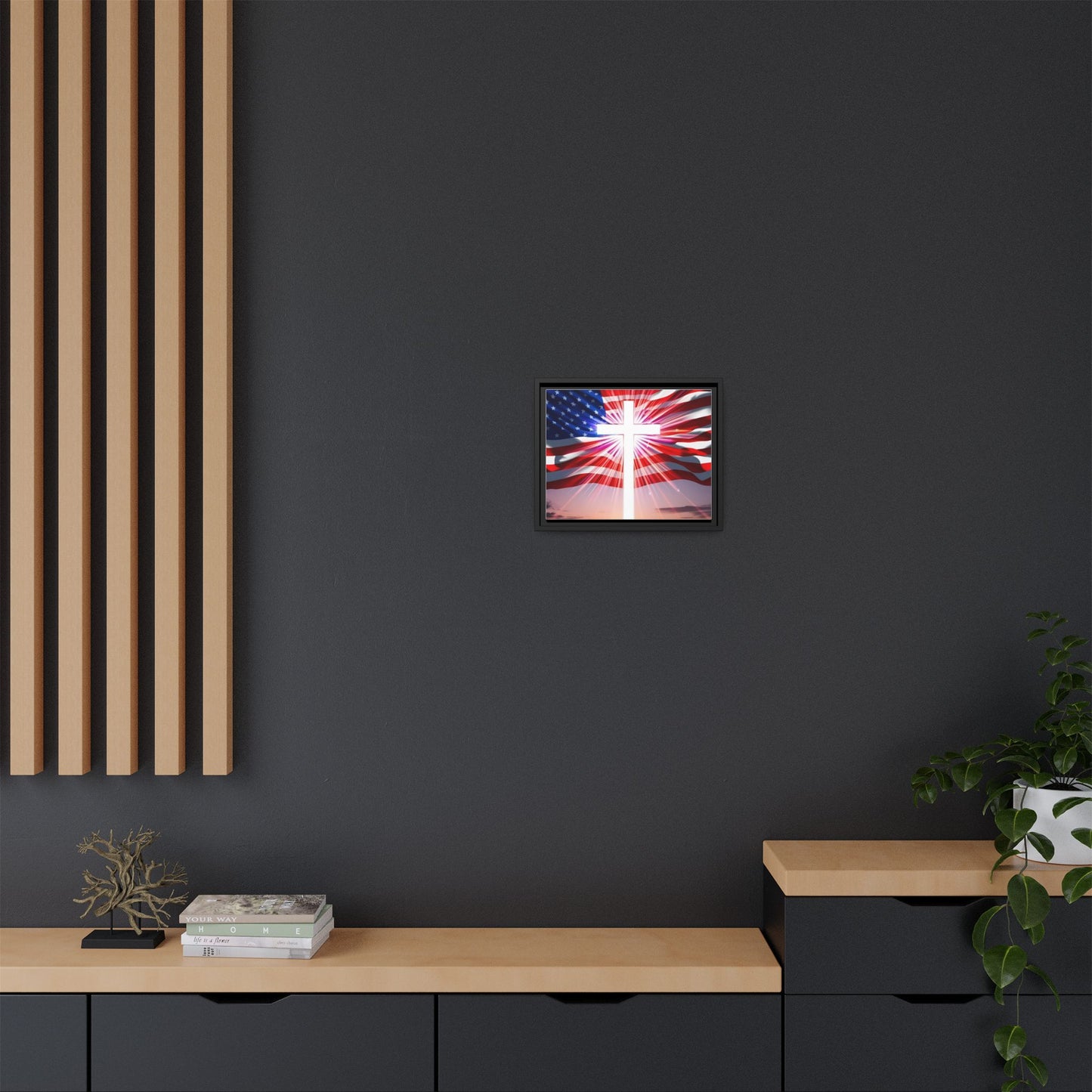 Patriotic Christian Canvas Art - Framed Multi-Color Cross with American Flag
