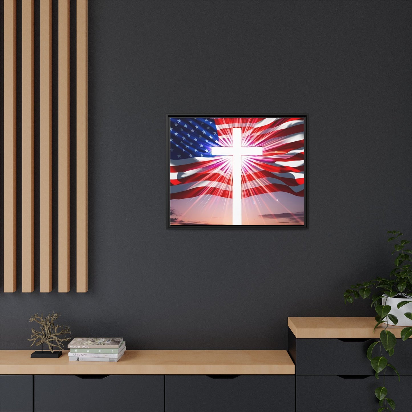 Patriotic Christian Canvas Art - Framed Multi-Color Cross with American Flag
